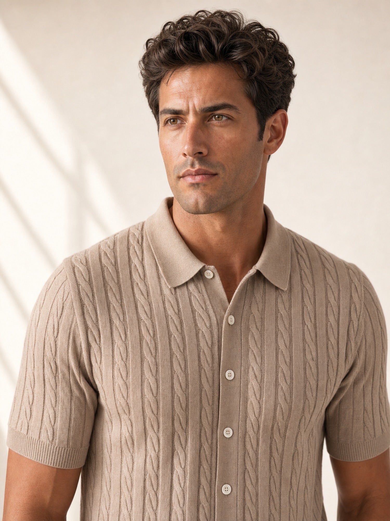 Gran Sasso Cotton Cable Knit Full-Button Polo – Mushroom - Portrait Crop