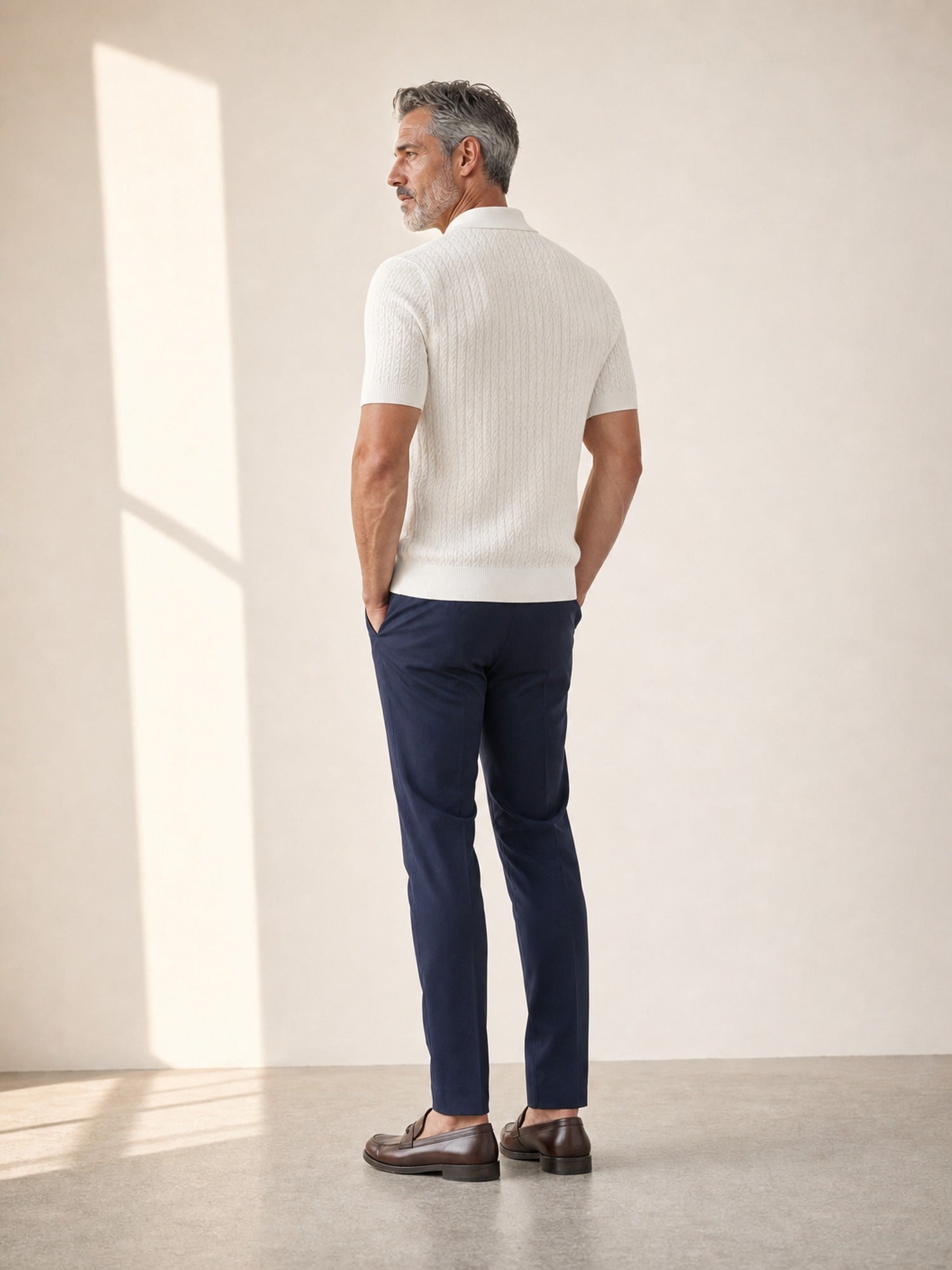Gran Sasso Cotton Cable Knit Full-Button Polo – White - Full Body Back