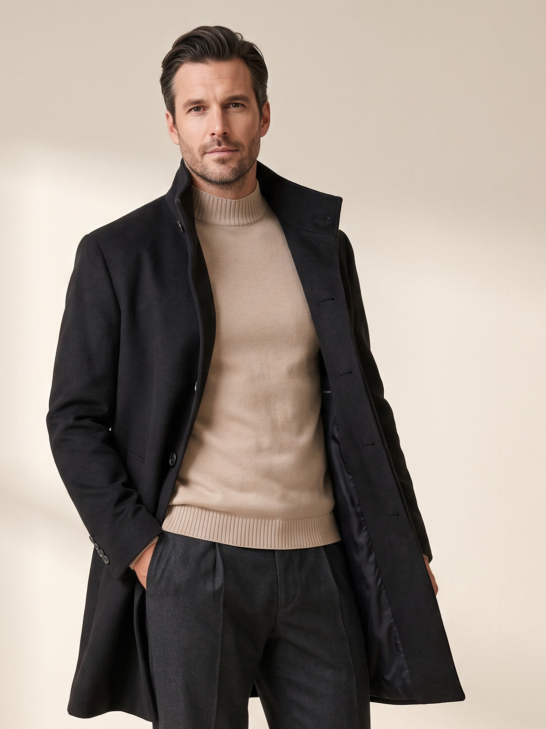 Sultan C Stand-Collar Coat – SAND – BLACK - Hero Front