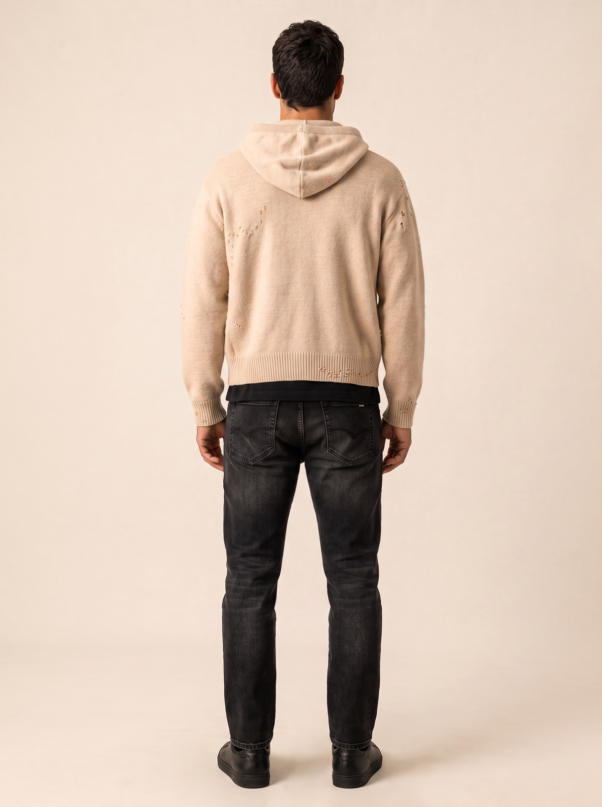NIGHTCRAWLER KNIT HOODIE - DOM REBEL – BEIGE - Full Back Model