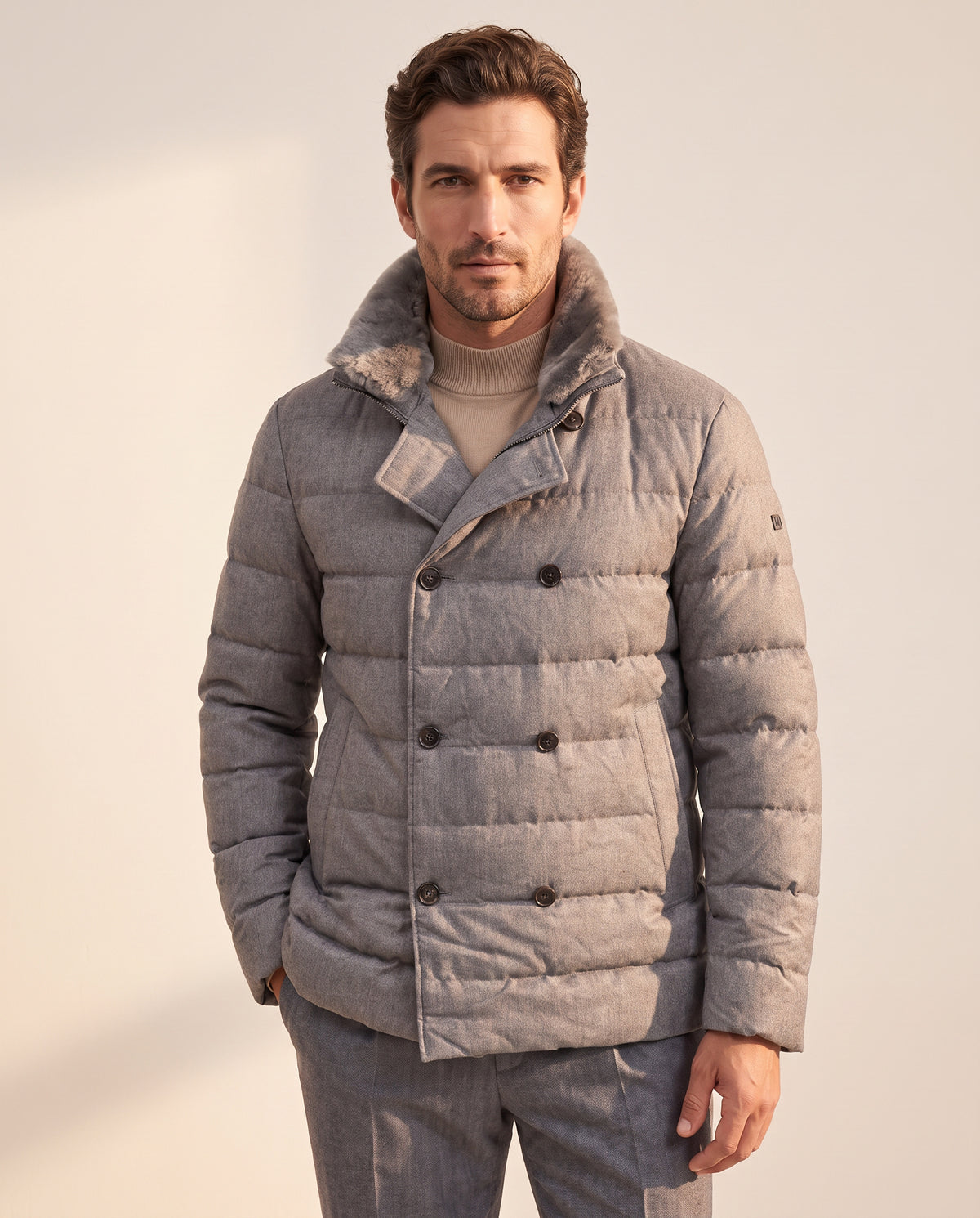 DUNO Theodor Double-Breasted Wool Down Jacket – DARK STONE - Hero front