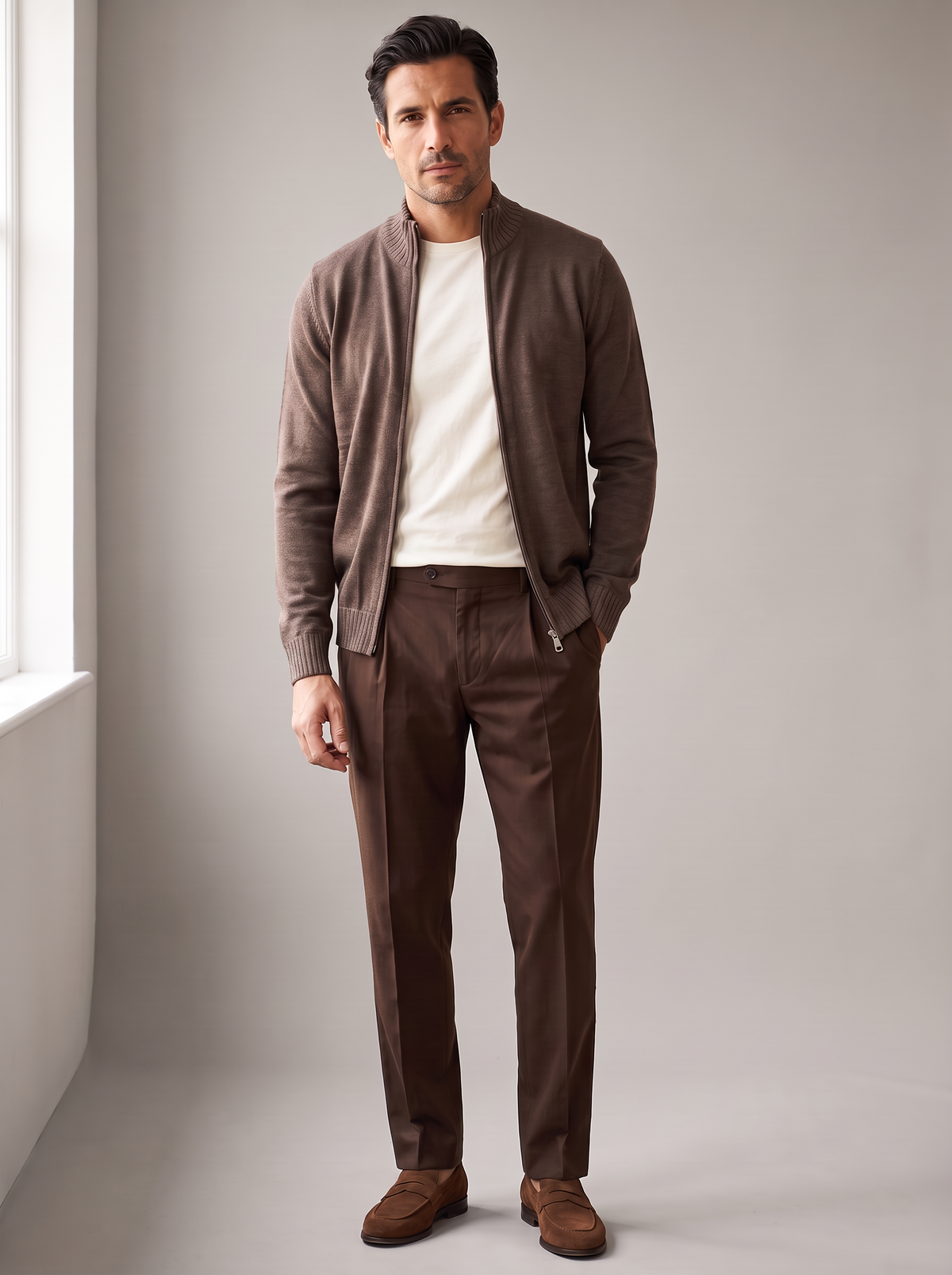 FERRANTE ESSENTIAL MERINO WOOL FULL-ZIP KNIT – WARM BROWN - Full Front Model