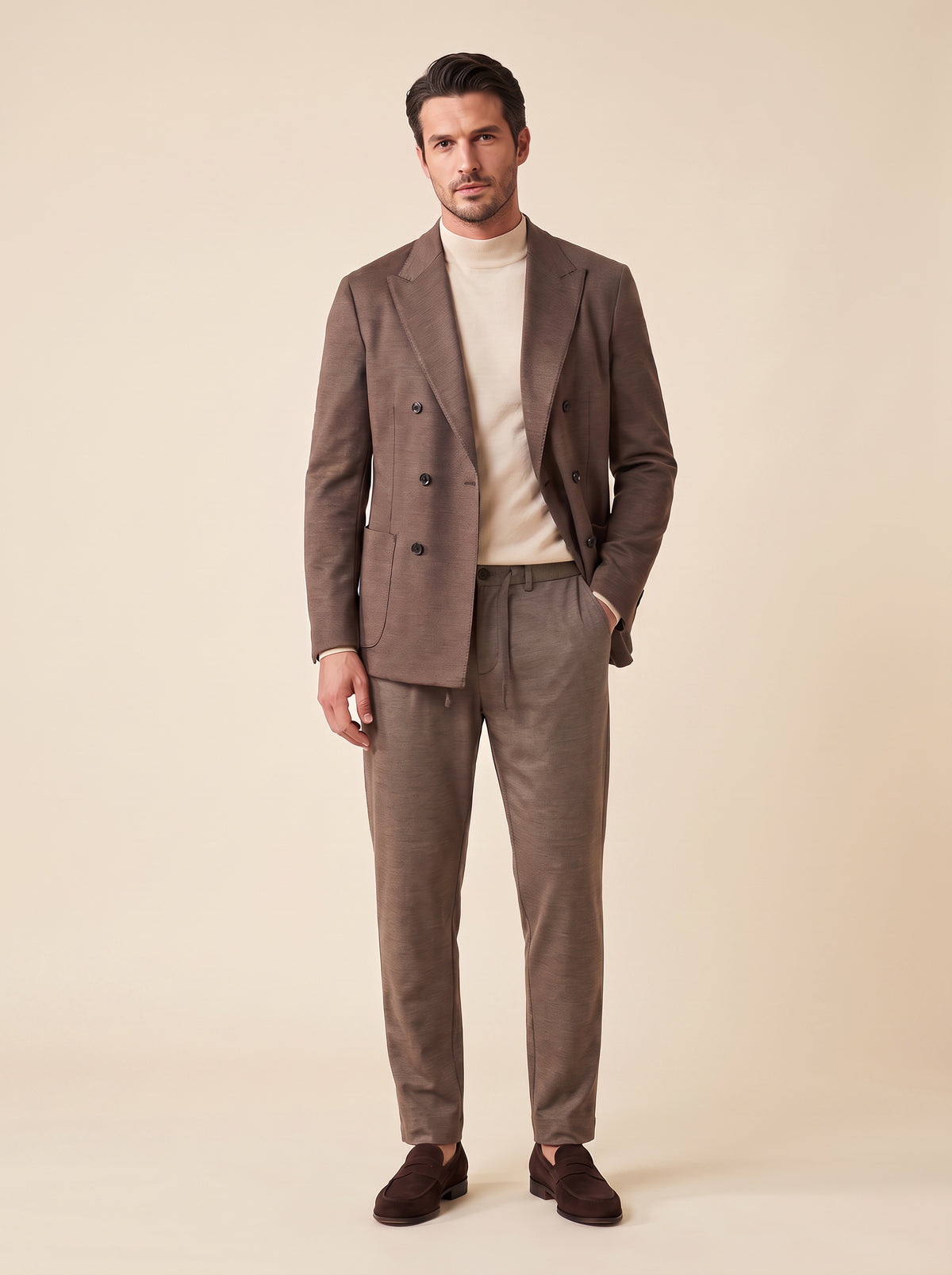 FRADI SLJ Double-Breasted Jacket – BROWN - Full Body Front