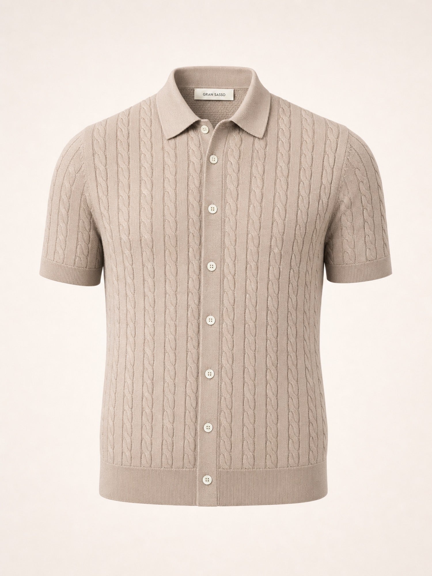 Gran Sasso Cotton Cable Knit Full-Button Polo – Mushroom - Ghost Front