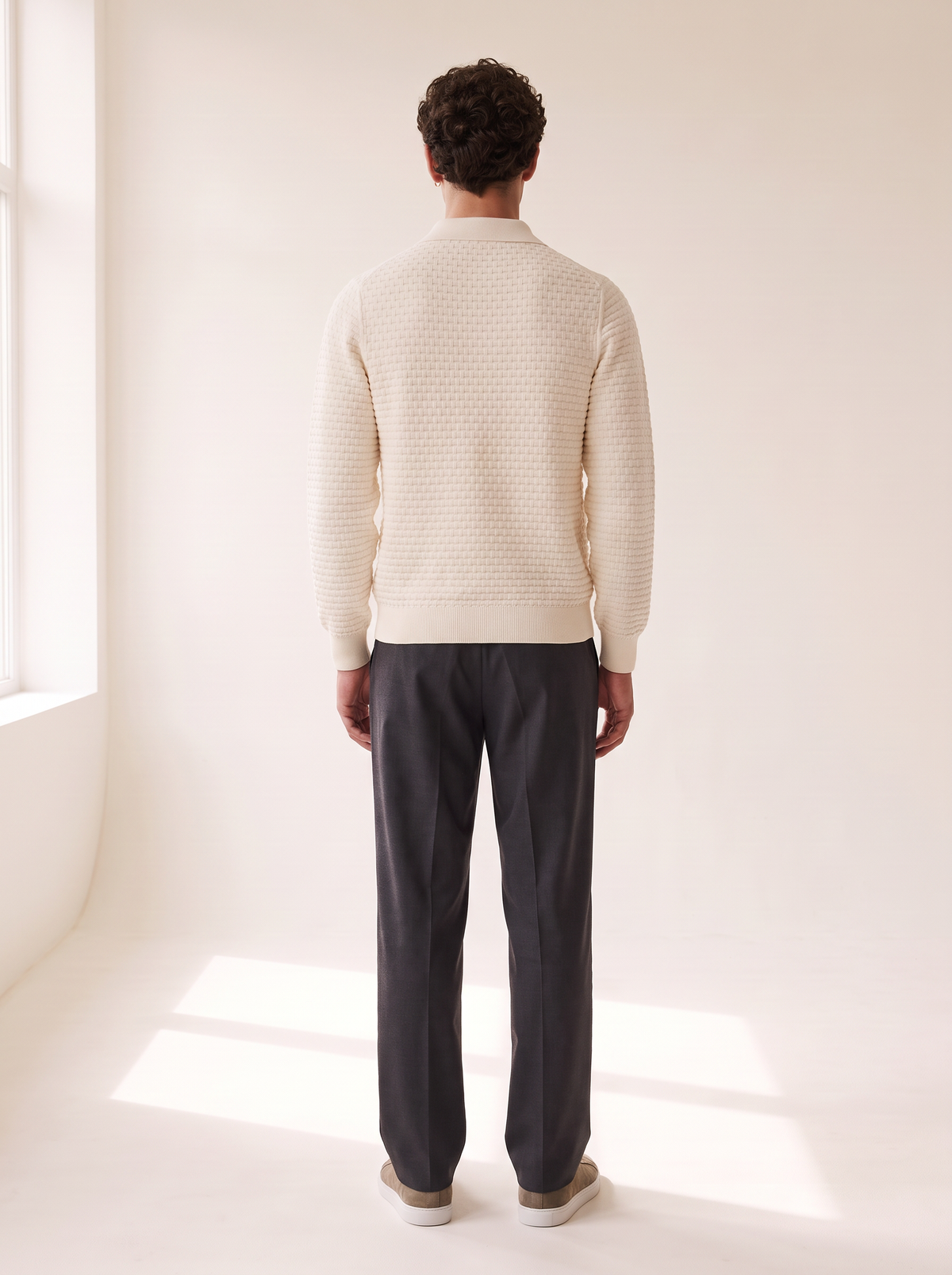 CHECK STRUCTURE KNITTED LS POLO - LES DEUX – LIGHT IVORY - Full Back Model