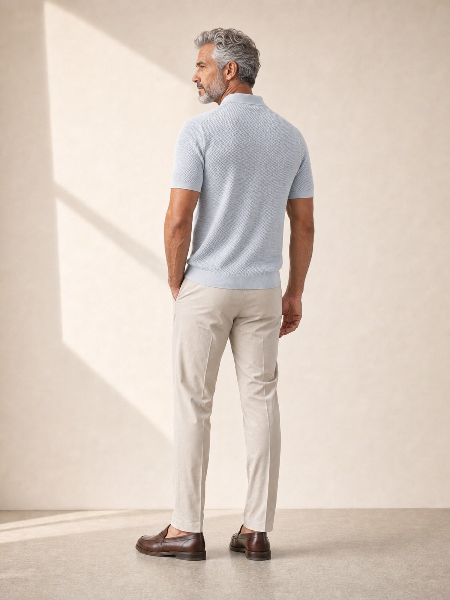 Gran Sasso Egyptian Cotton Popcorn Knit Polo – Light Blue - Full Body Back