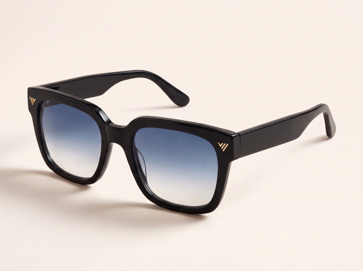 Vintage Frames Bowie Black and Clear Acetate – Blue Gradient Flash Blue – GLOSSY BLACK / BLUE GRADIENT FLASH BLUE - Three-quarter