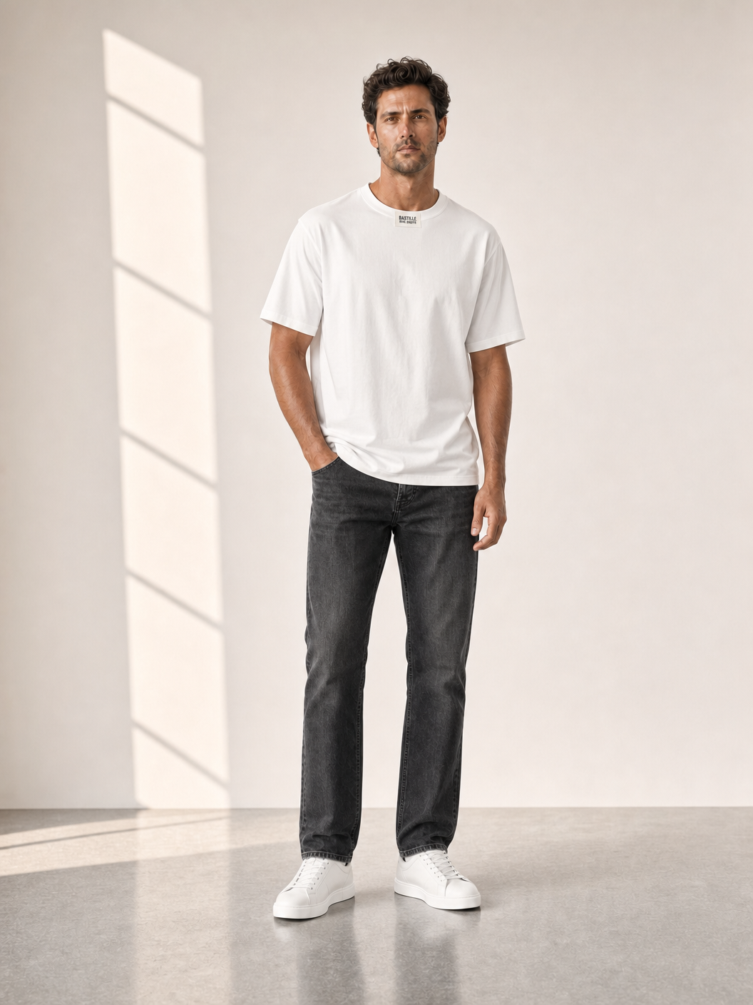 Bastille Damasc Printed T-Shirt Ball — White — On Model Front