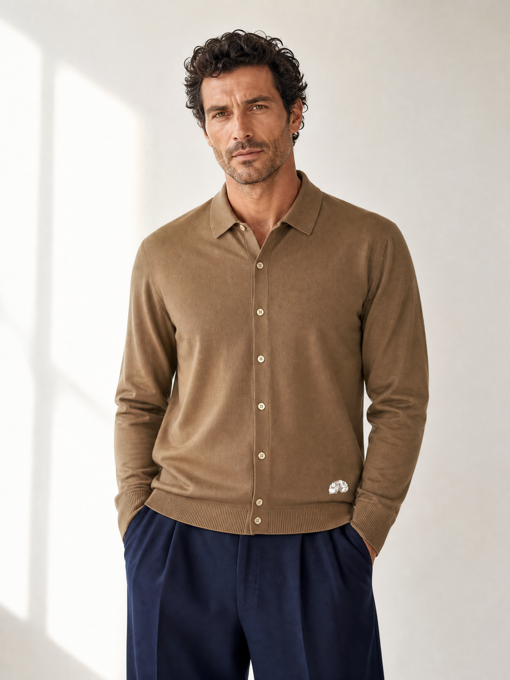 LS Knit Button-Down Shirt Gabriele Pasini – BROWN - Hero Front