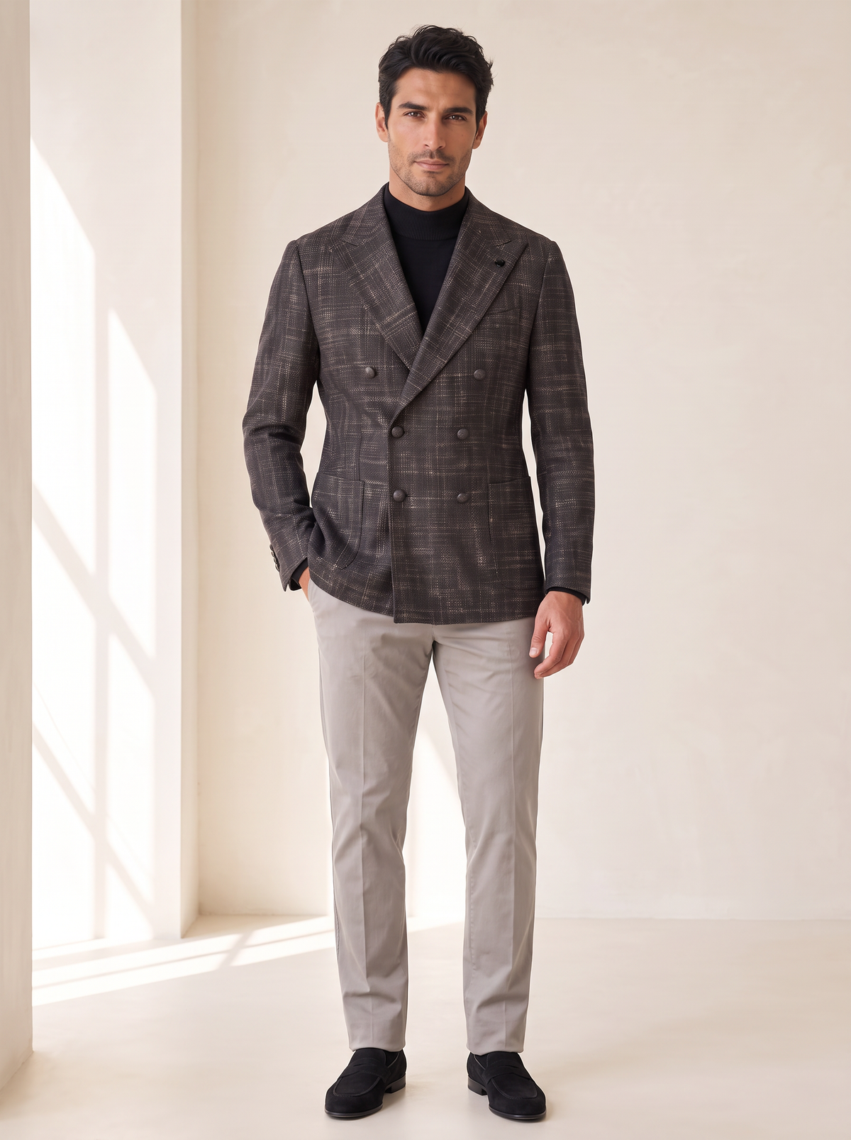 TEXTURED PRINCE OF WALES DOUBLE-BREASTED BLAZER – CHARCOAL - Full Front Model