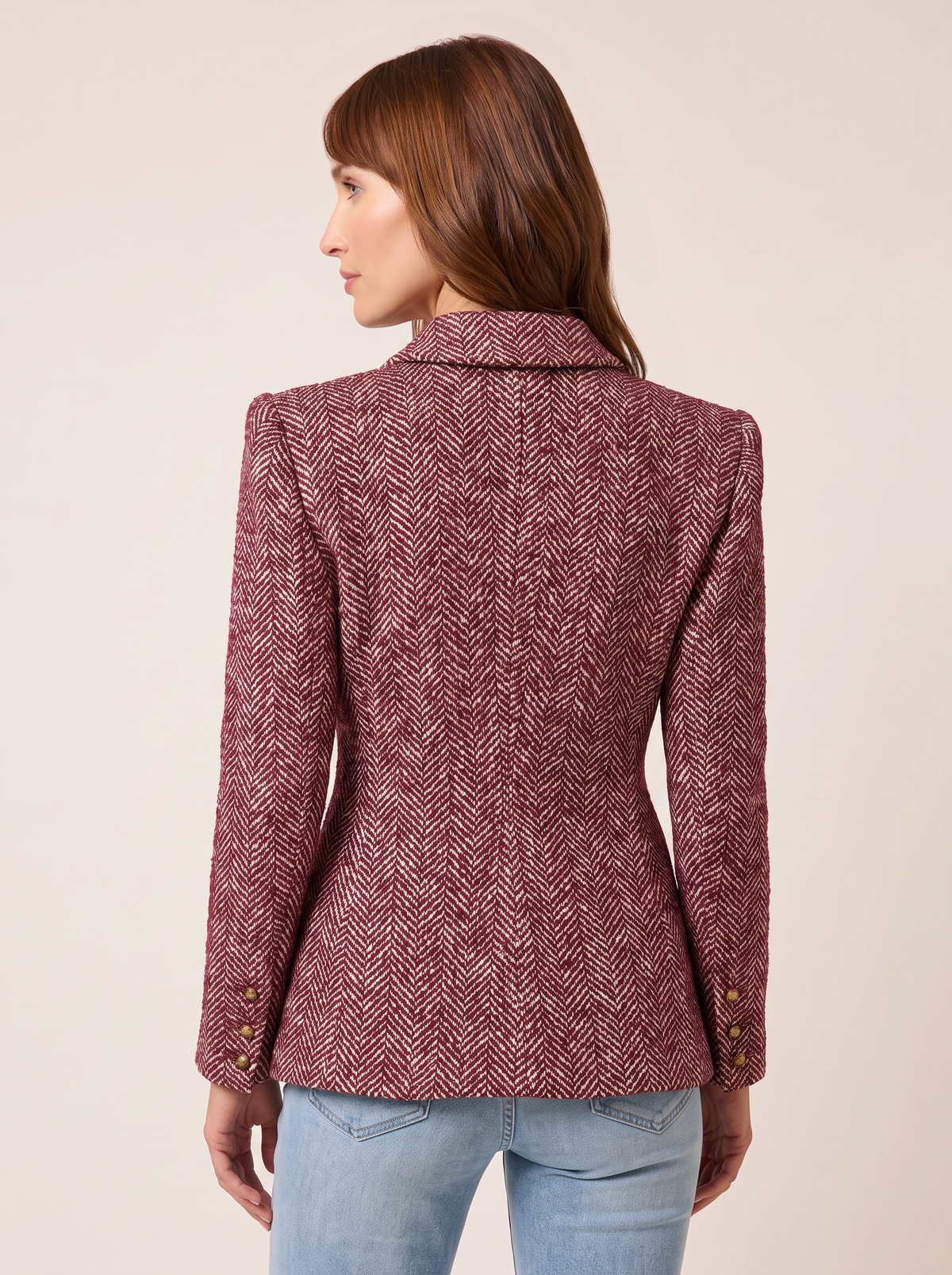 Karima Tweed Blazer – MERLOT RED/ECRU TWEED - Hero Back