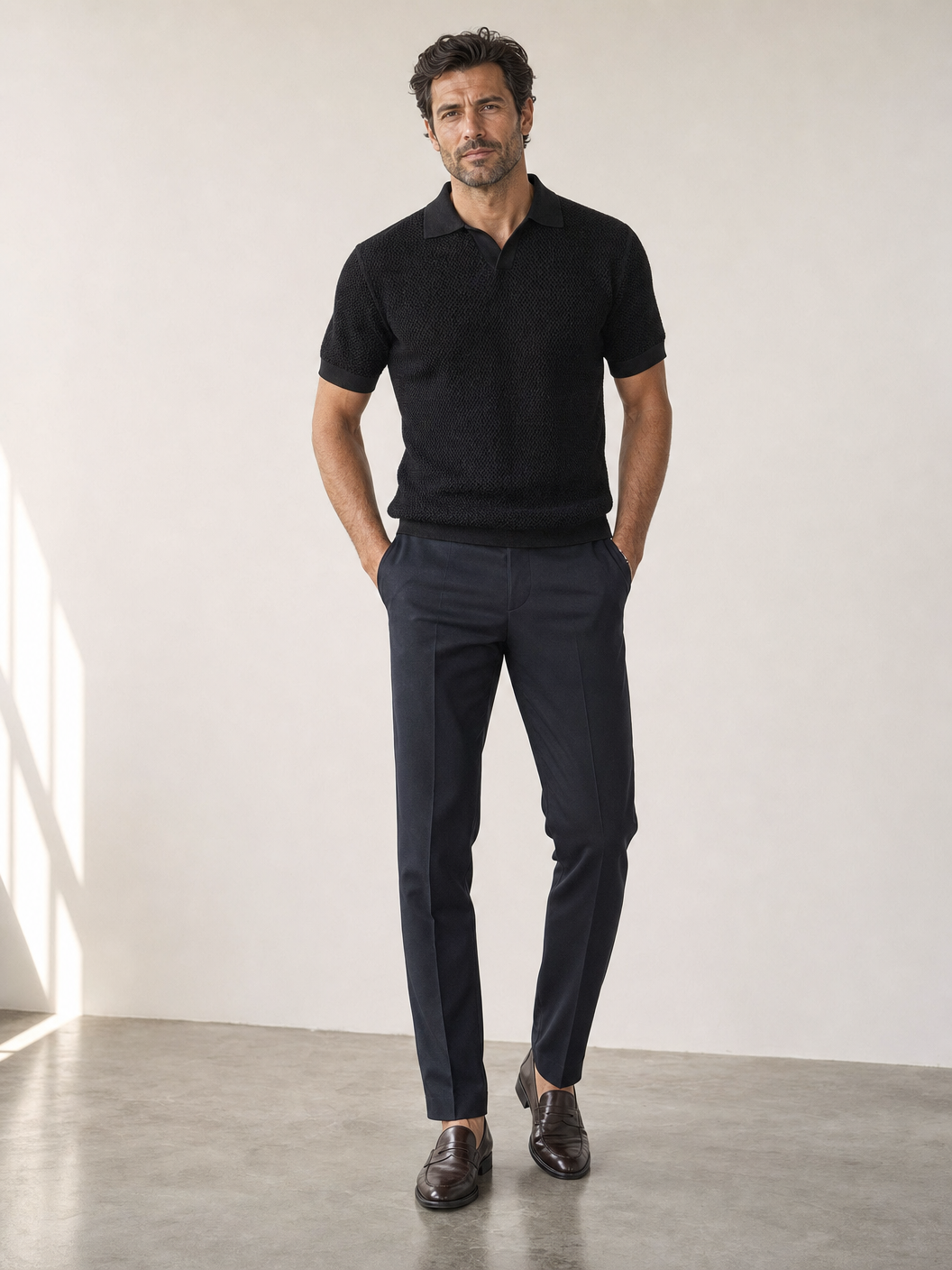 Tagliatore Tilley Knit Polo — Black — On Model Front