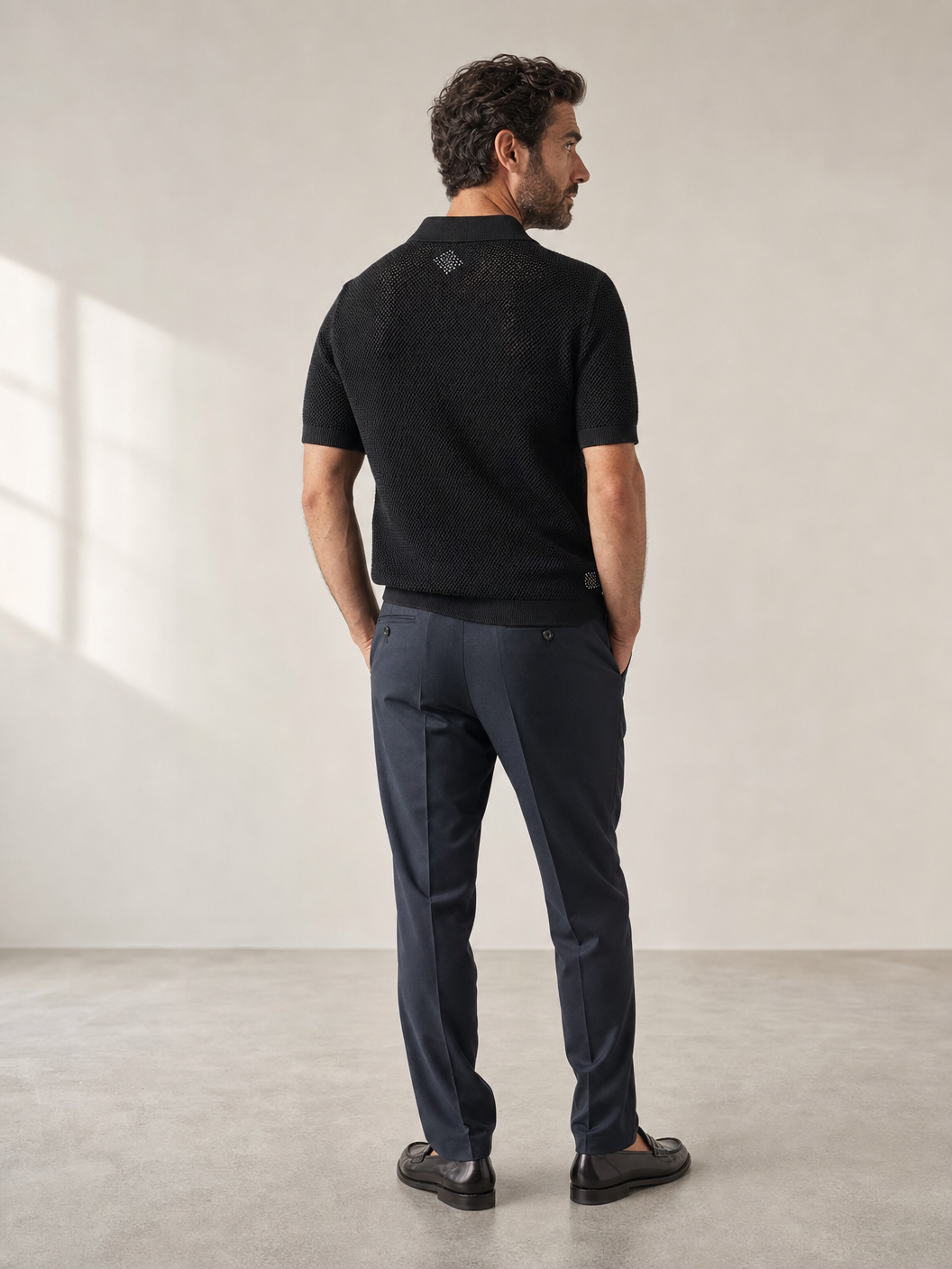 Tagliatore Tilley Knit Polo — Black — On Model Back Angle
