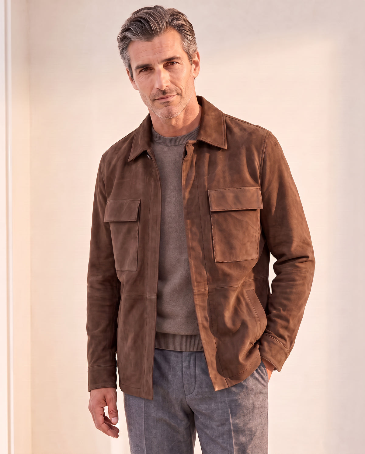 Soft Suede Aiden Pocket Shirt Jacket – SAND – BROWN - Hero Front