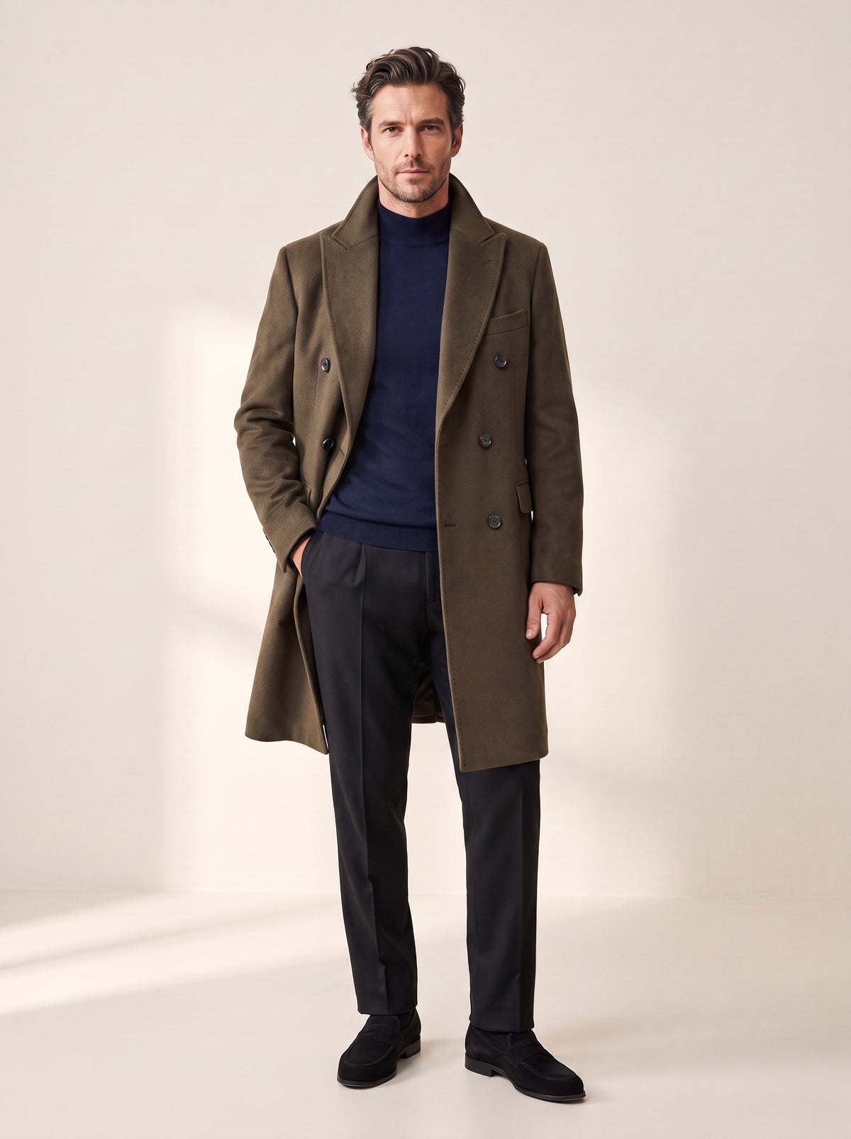 Sultan Double-Breasted Coat – SAND – DARK OLIVE - Full Body Front