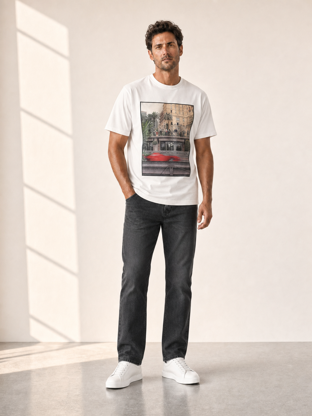 Bastille Direct Printed T-Shirt Monaco — White — On Model Front
