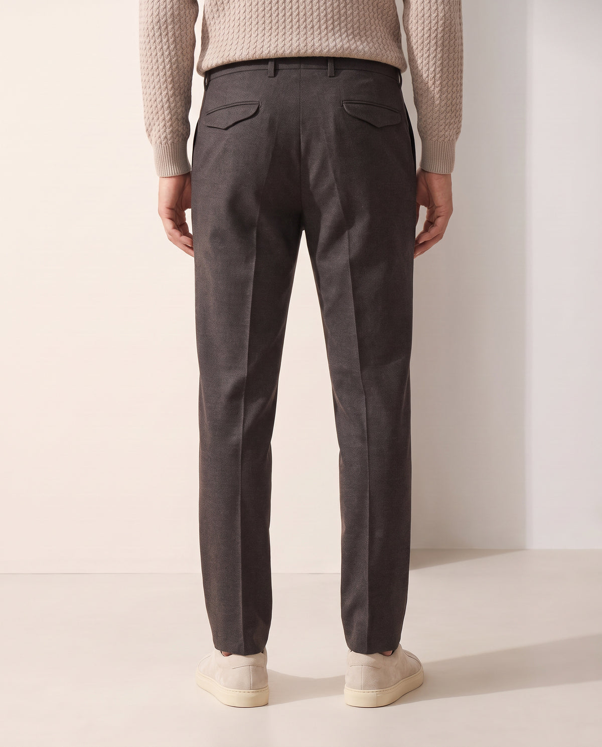 Briglia BG21 Mélange Pleated Trouser – BROWN - Hero Back — on model, just above waistband through full shoes