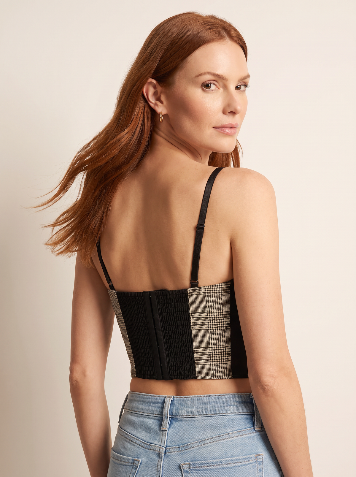 Sonya Bustier – BEIGE/BLACK LUREX GLEN PLAID - Hero Back