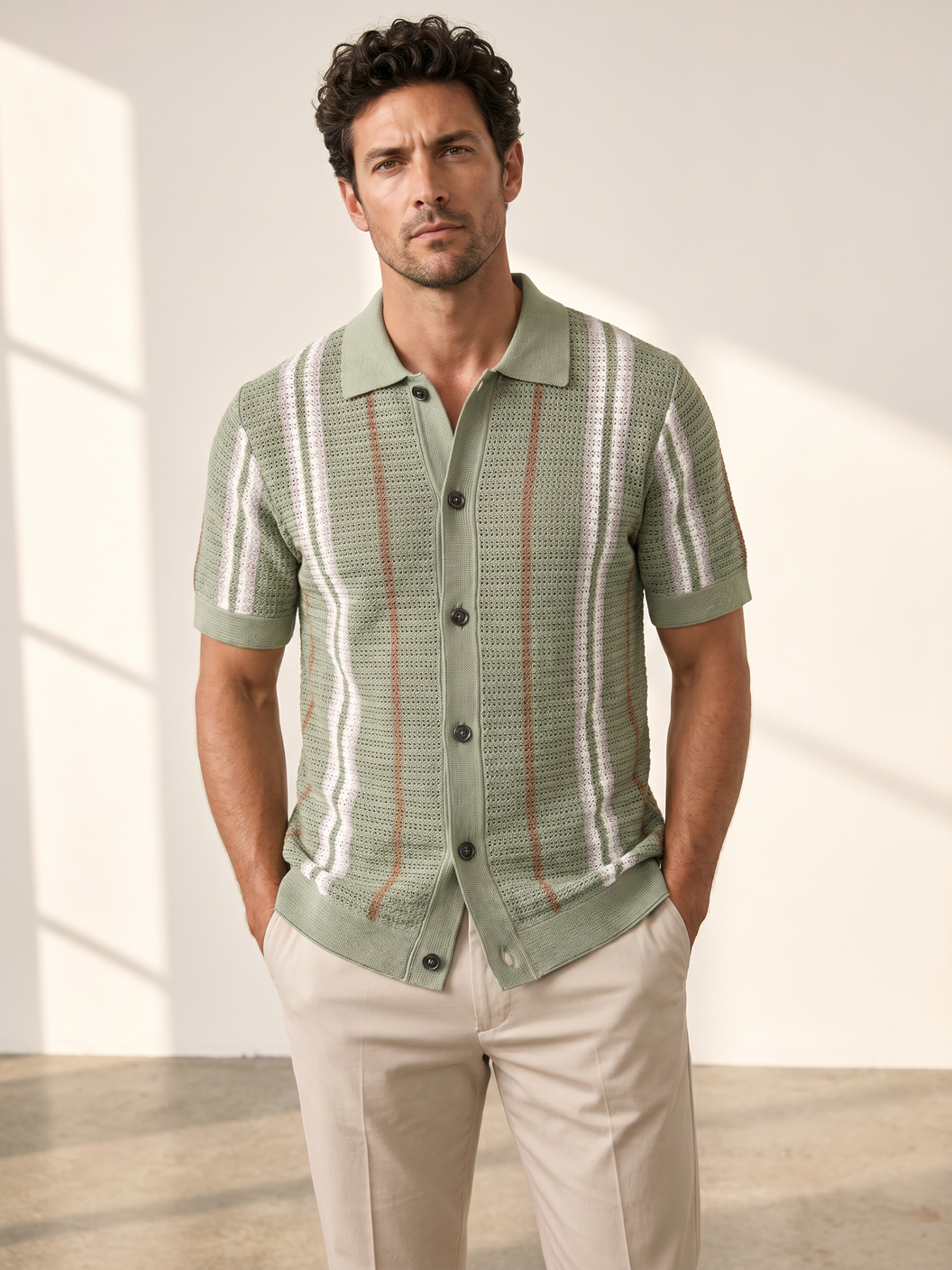 Ferrante Knit Stripe SS Full Button – Green - Hero Front