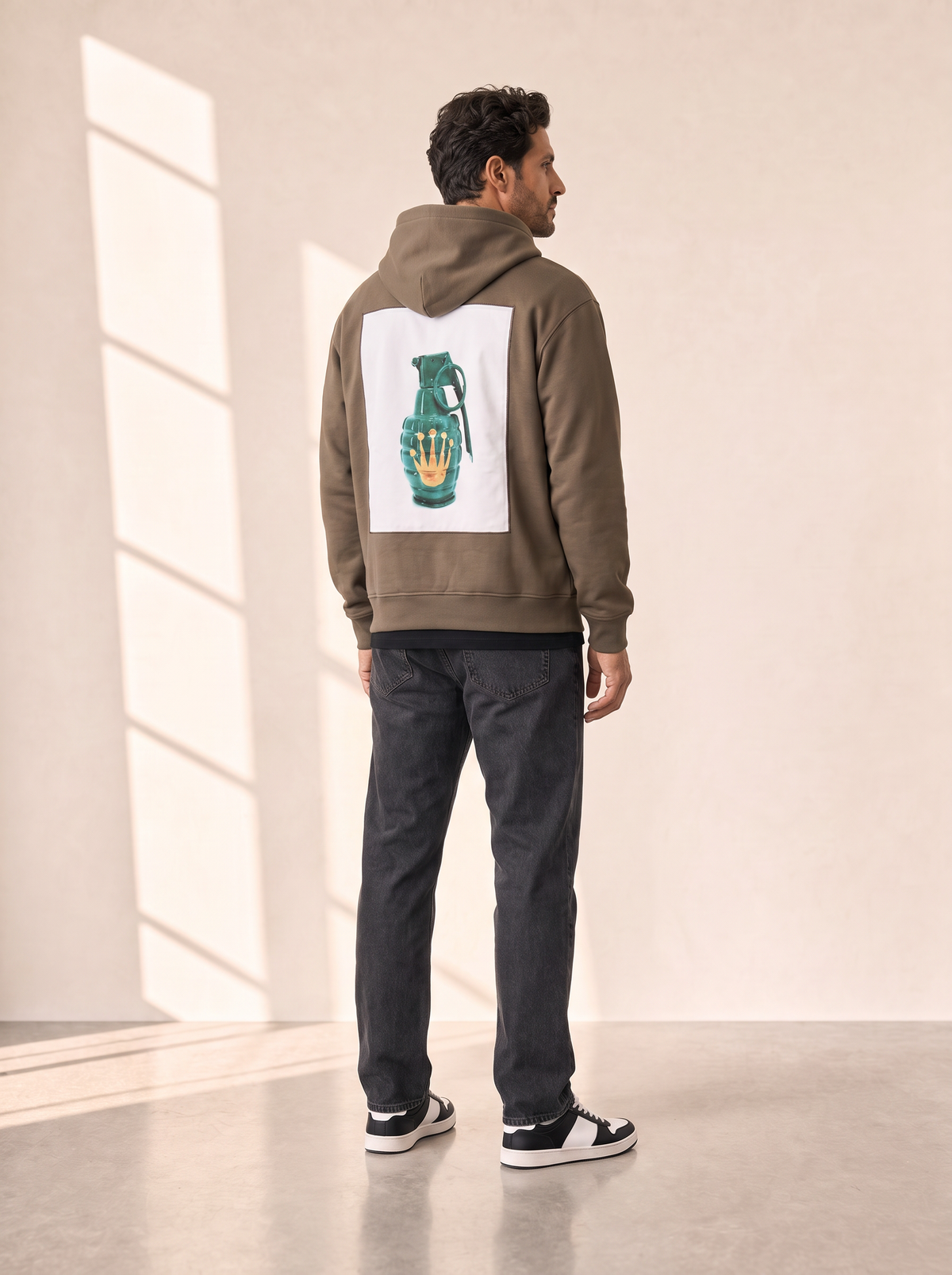 BOMB SILK PRINT HOODIE - BASTILLE – ARMY - Full Body Back