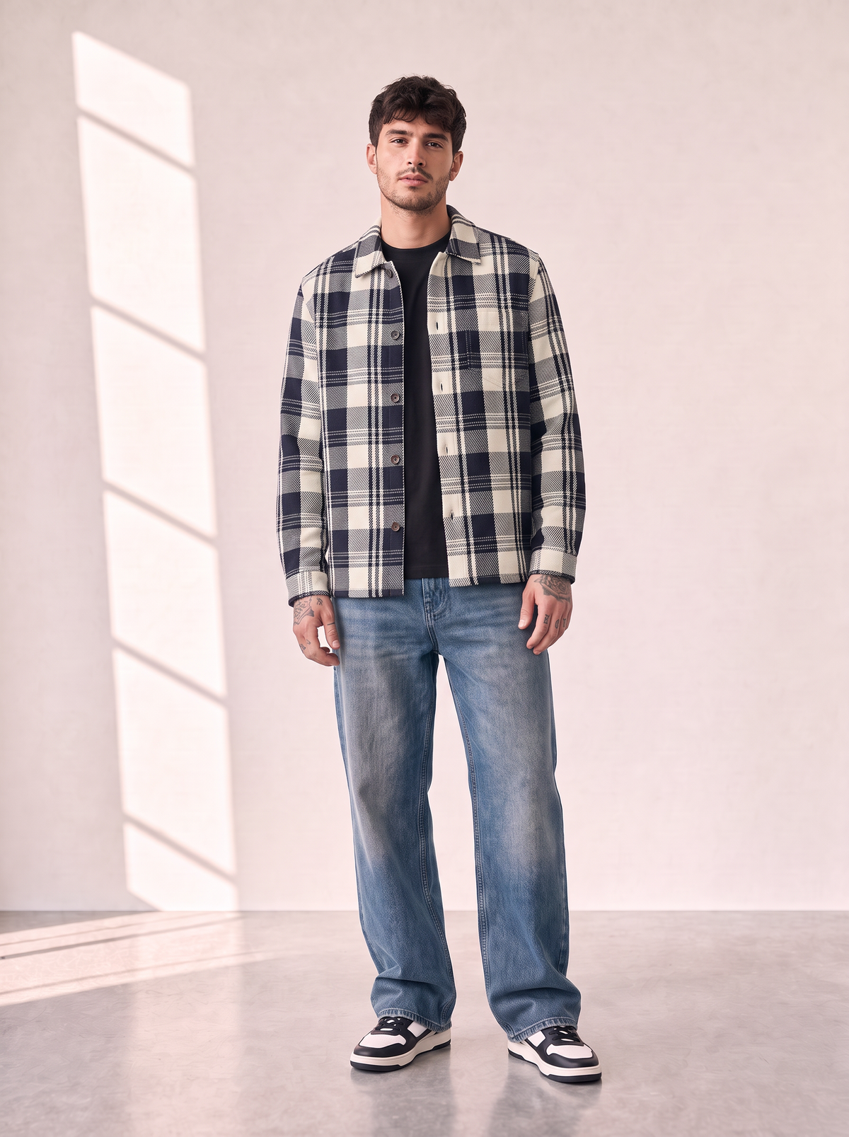 STRUCTURED CHECK OVERSHIRT - LES DEUX – DARK NAVY - Full Front Model