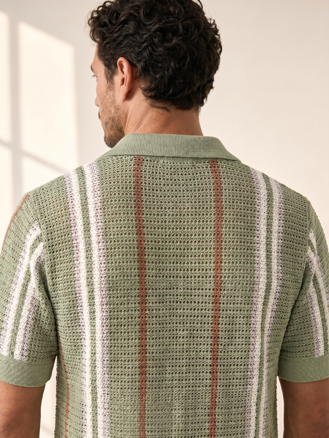 Ferrante Knit Stripe SS Full Button – Green - Full Body Back
