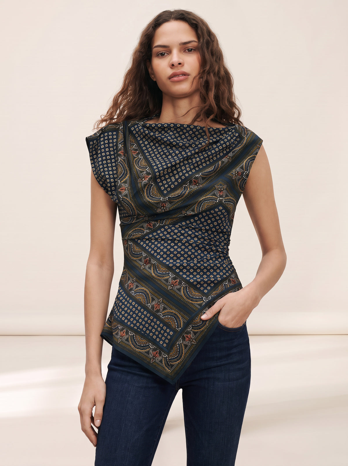 Yvonne Asymmetric Scarf Top — Heritage Navy Multi – HERITAGE NAVY MULTI - Hero Front