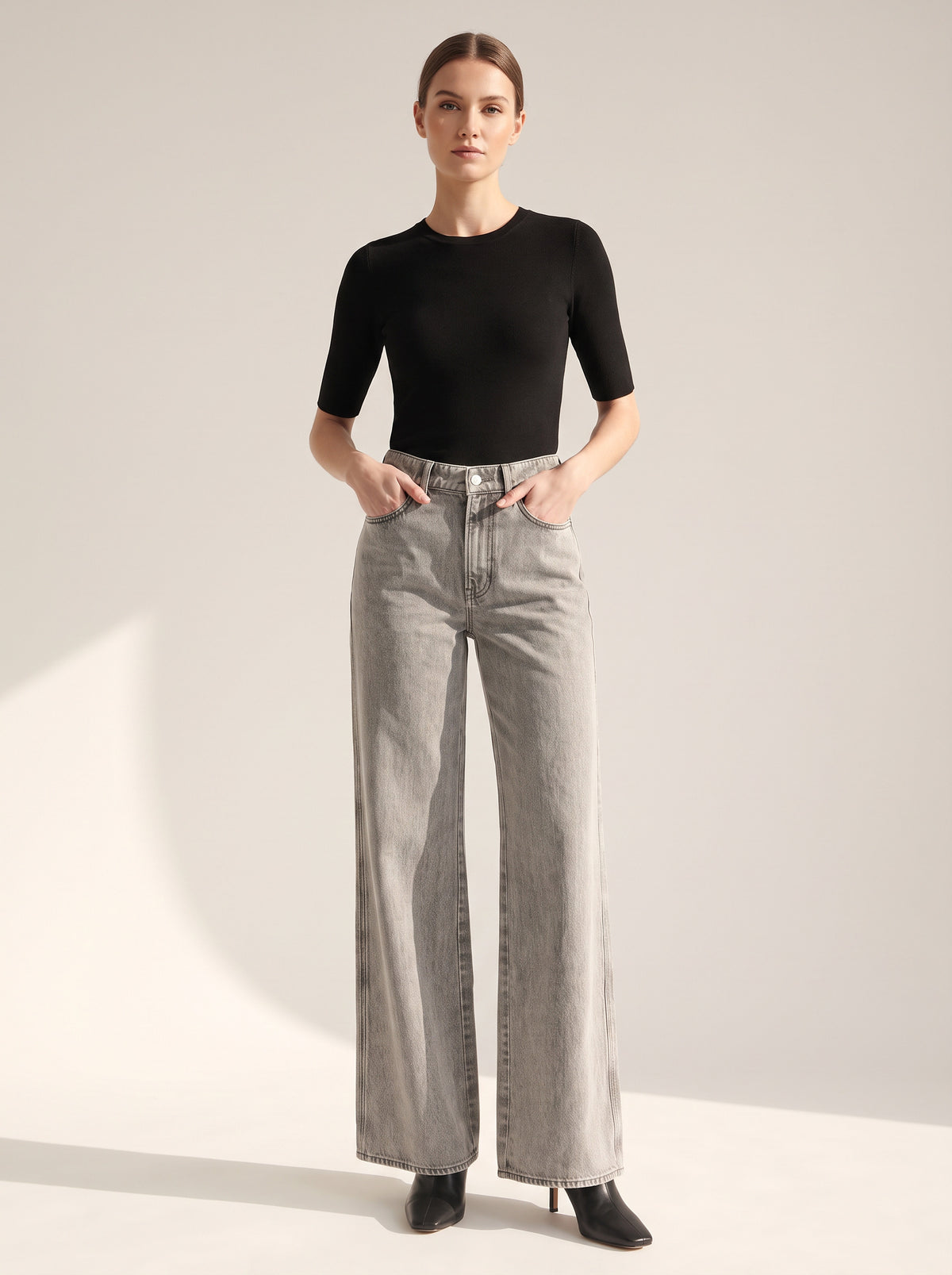 Kasey Mid-Rise Wide-Leg Jean — Backroad Grey – BACKROAD GREY - Full Front Model