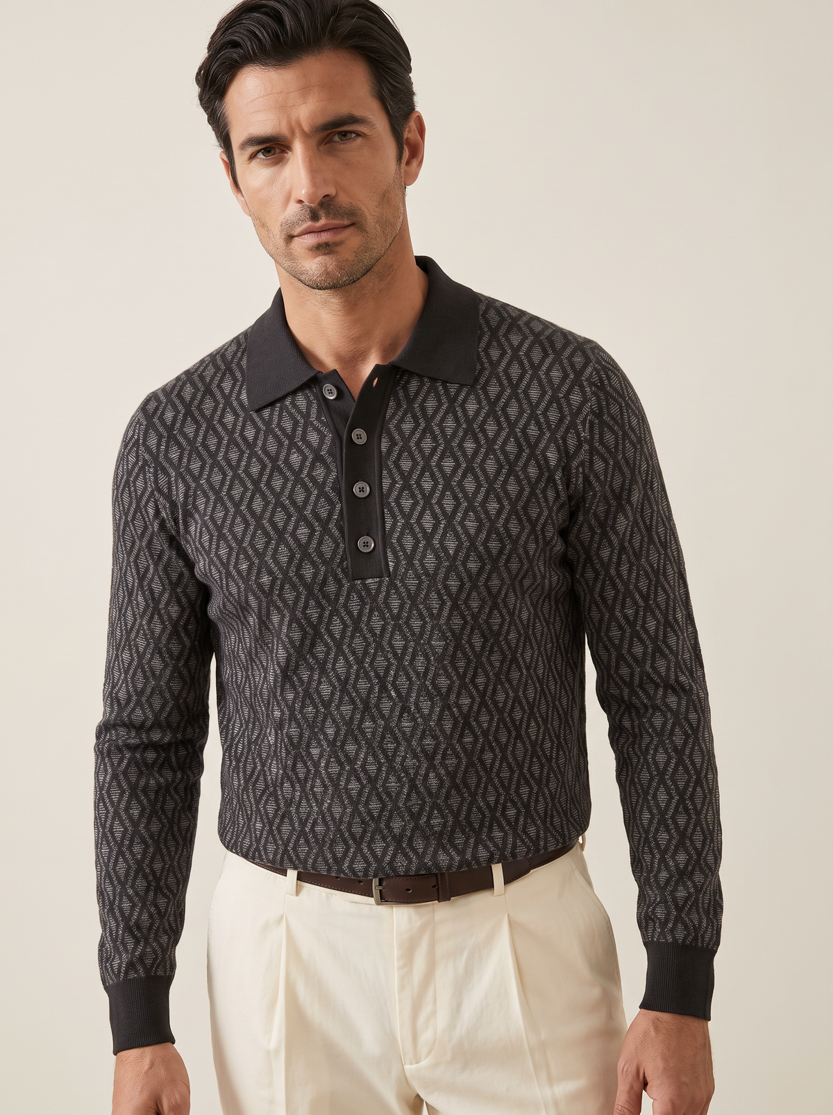 FERRANTE MERINO WOOL DIAMOND JACQUARD FOUR-BUTTON POLO – DARK CHARCOAL - Hero Front
