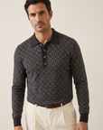 FERRANTE MERINO WOOL DIAMOND JACQUARD FOUR-BUTTON POLO – DARK CHARCOAL - Hero Front