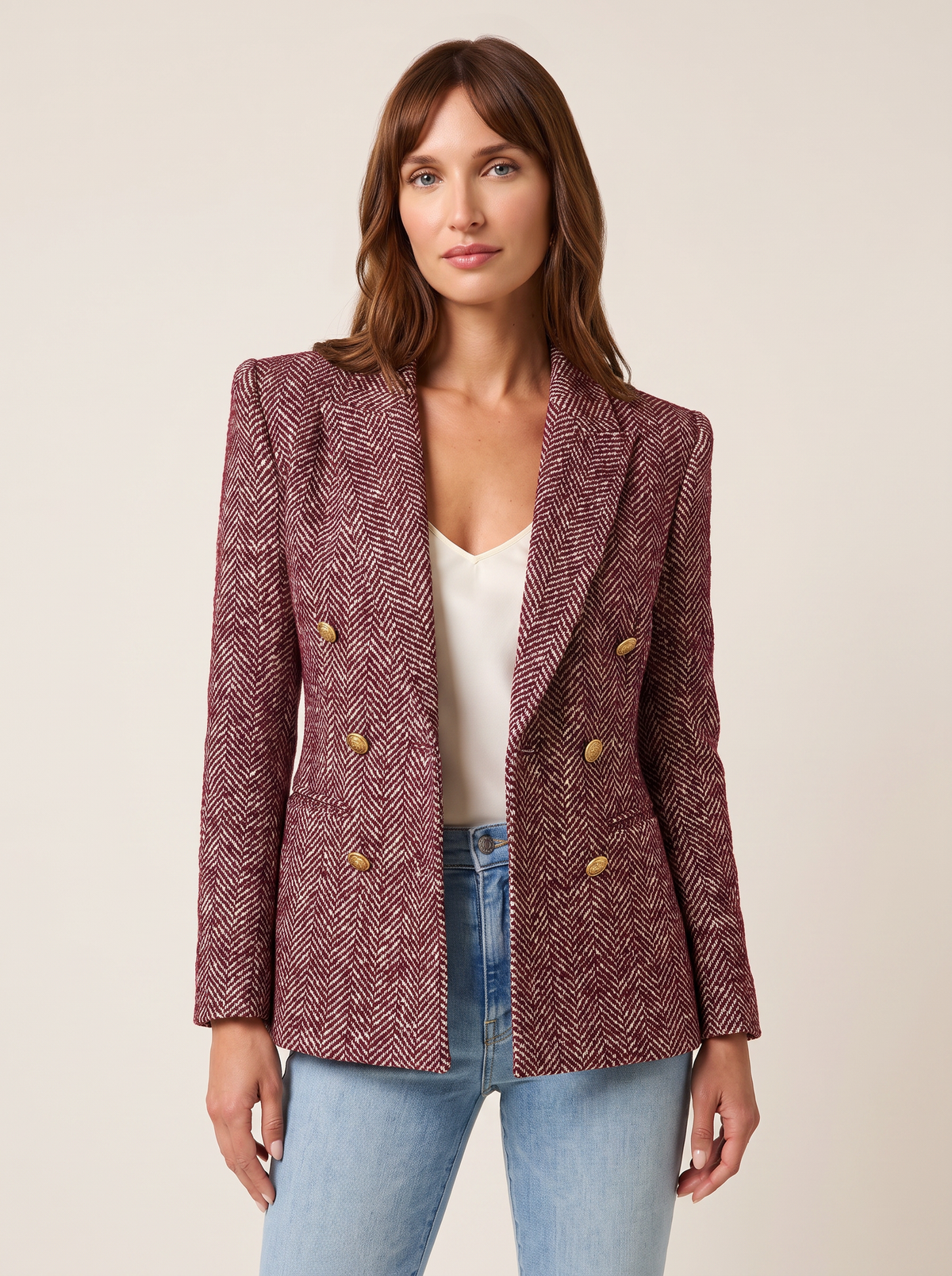 Karima Tweed Blazer – MERLOT RED/ECRU TWEED - Hero Front