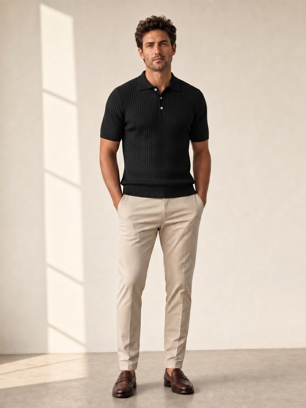 Gran Sasso Cotton Linen Ribbed Polo – Black - Full Front Model