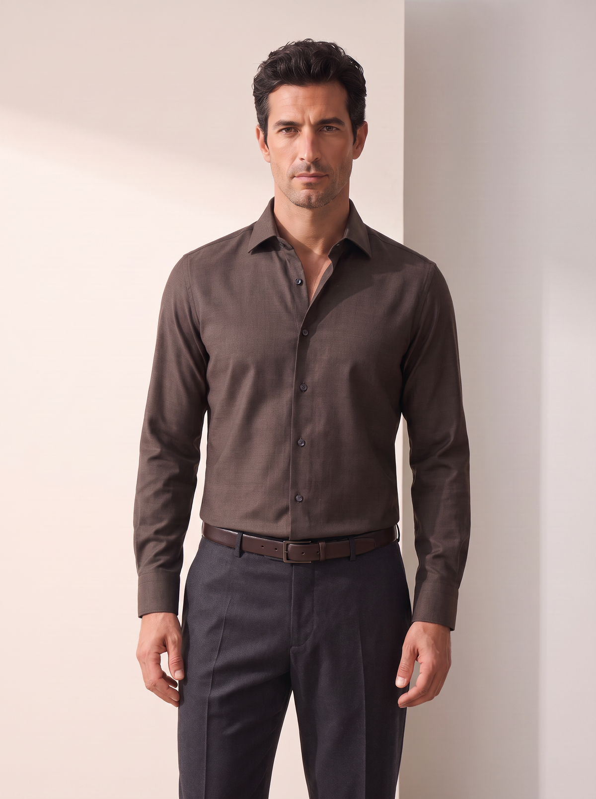 GORDON SC VIRGIN WOOL SHIRT – DARK BROWN MELANGE - Hero Front