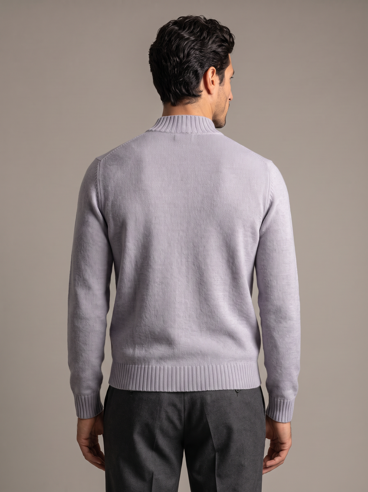 FERRANTE ESSENTIAL GARMENT-DYED MERINO MOCK NECK – COOL LIGHT GREY LILAC - Mid-body Back