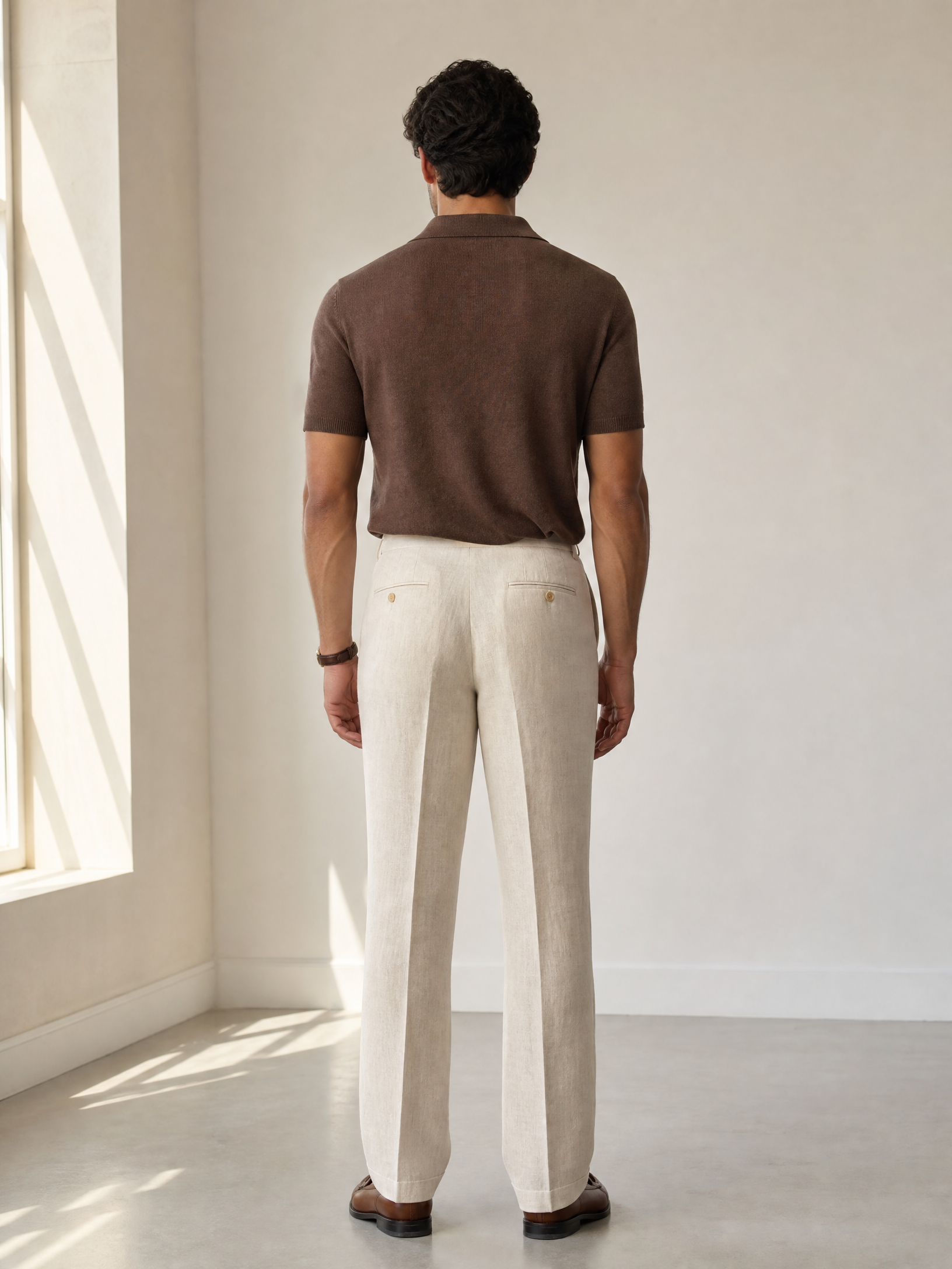 SAND Knit Polo – BROWN - Full Back Model