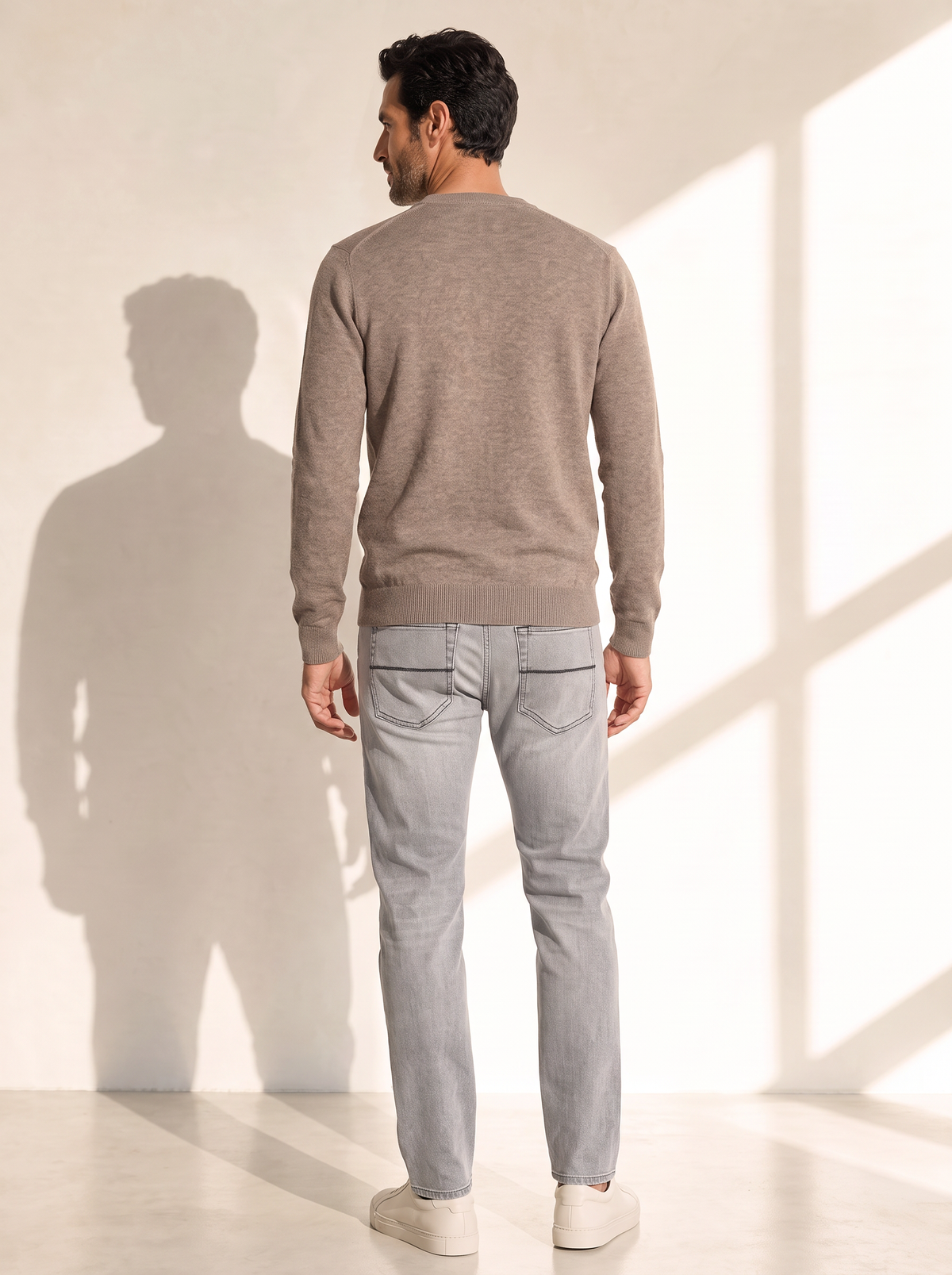 MERINO MOULINE WOOL CREWNECK – LIGHT CAMEL - Full Body Back