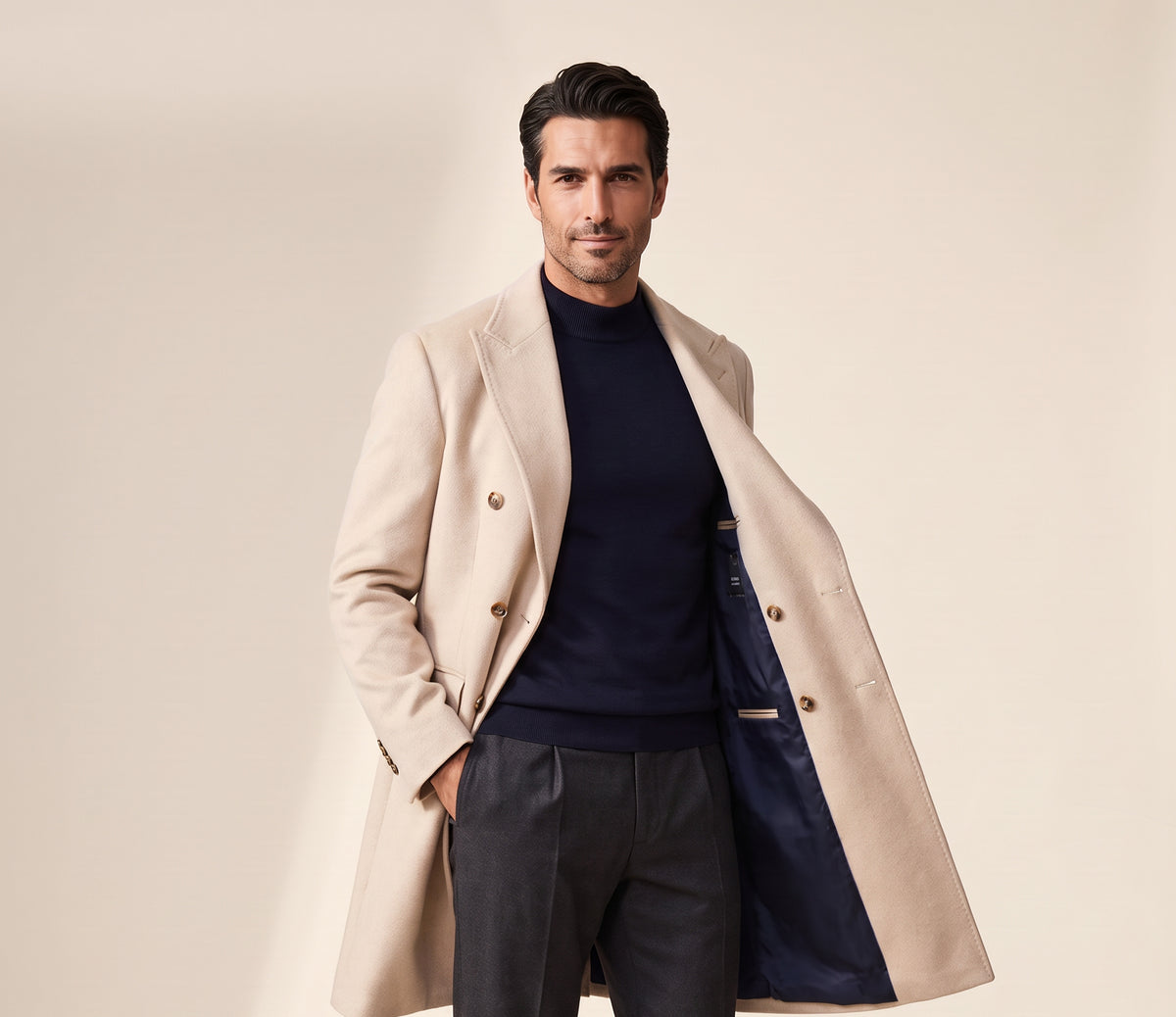 Sultan Double-Breasted Coat – SAND – CREAM - Hero Front