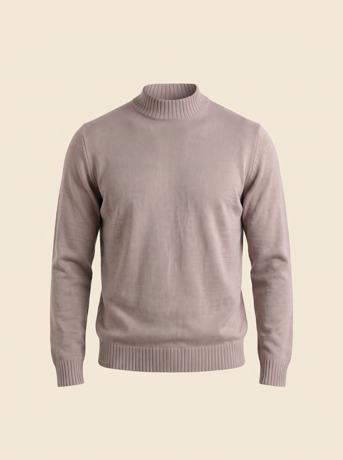 FERRANTE ESSENTIAL GARMENT-DYED MERINO MOCK NECK – LIGHT WARM TAUPE - Ghost Mannequin Front