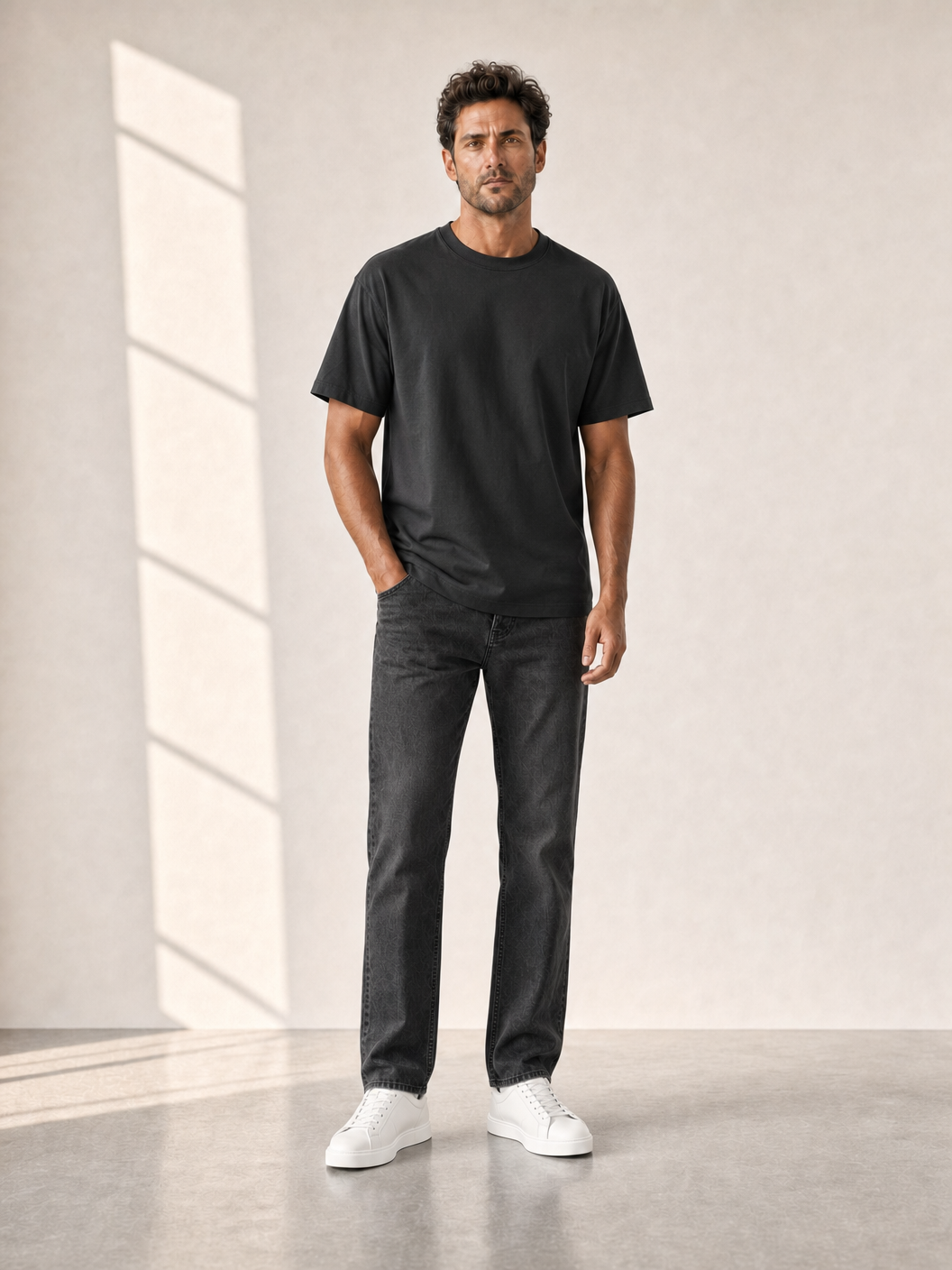 Bastille Damasc Printed T-Shirt Sel — Black — On Model Front