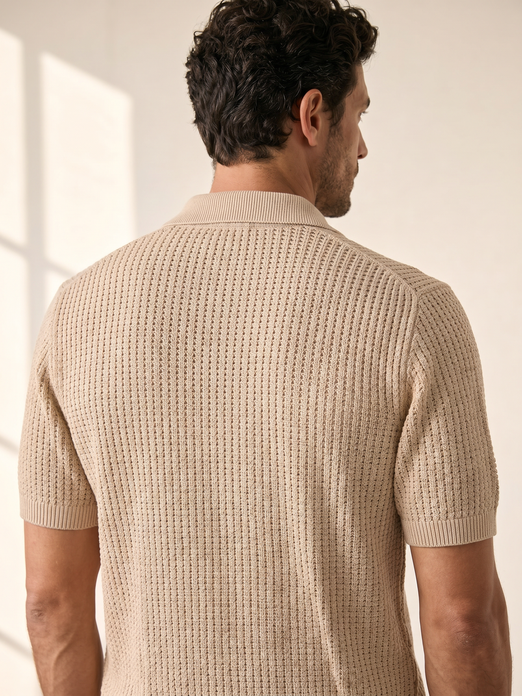 Ferrante SS Knit Button Shirt – Tan - Full Body Back