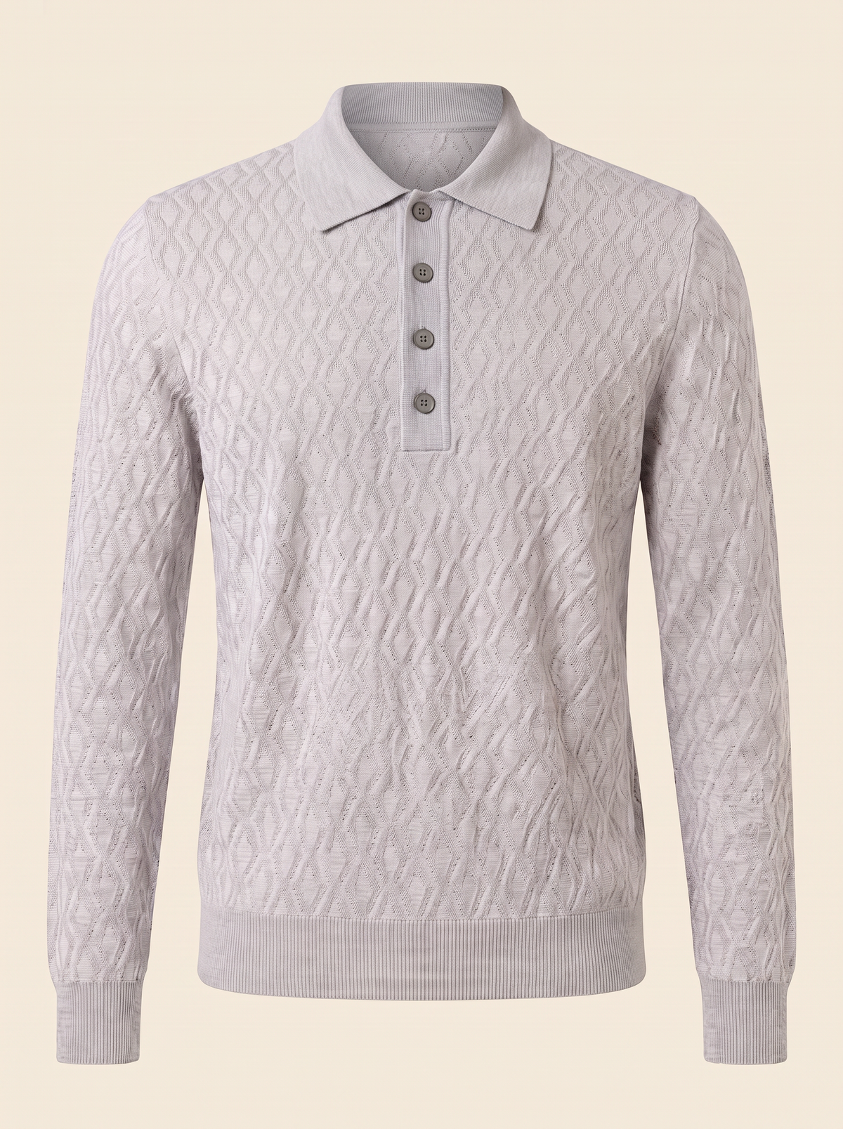 FERRANTE MERINO WOOL DIAMOND JACQUARD FOUR-BUTTON POLO – LIGHT GREY - Ghost Mannequin Front