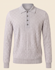 FERRANTE MERINO WOOL DIAMOND JACQUARD FOUR-BUTTON POLO – LIGHT GREY - Ghost Mannequin Front