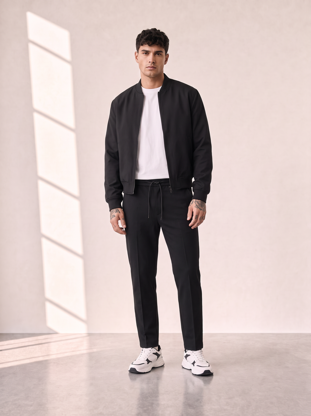 COMO TAPERED DRAWSTRING PANTS - LES DEUX – BLACK - Full Front Model