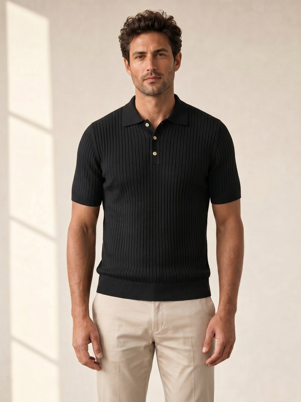 Gran Sasso Cotton Linen Ribbed Polo – Black - Hero Front