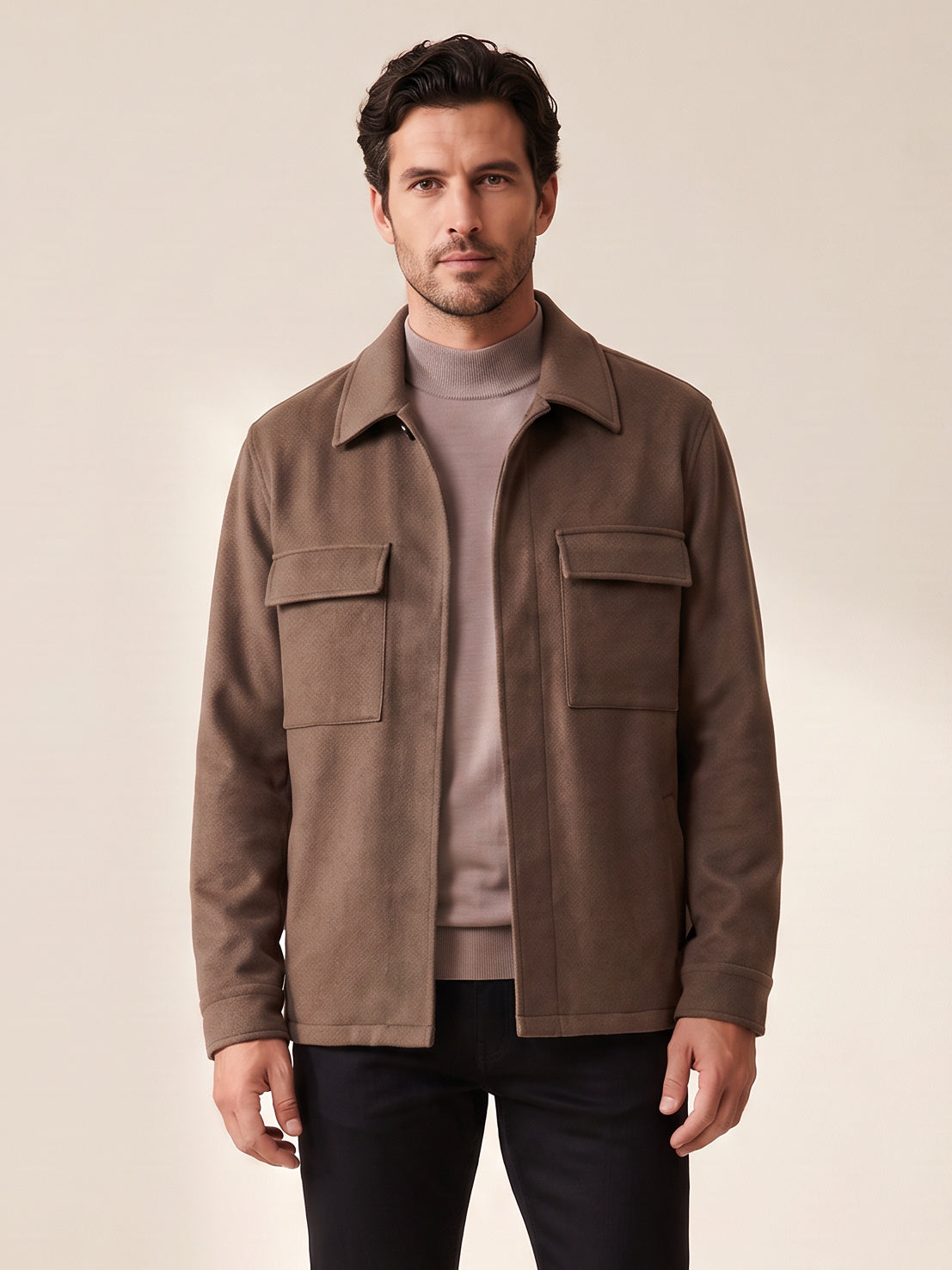 Cashmere Light Aiden Pocket Shirt Jacket – SAND – BROWN - Hero Front