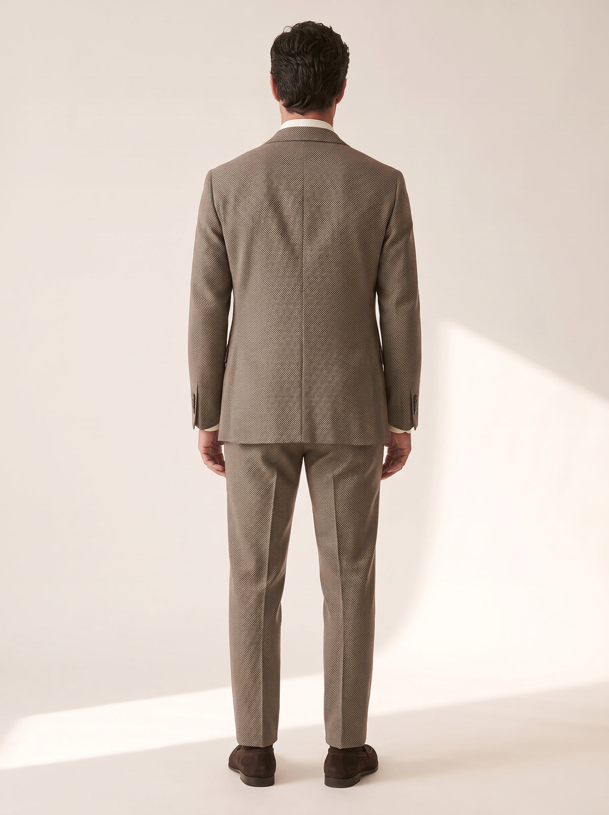 TAUPE MICRO-DOT SINGLE-BREASTED PEAK LAPEL SUIT - GABRIELE PASINI – TAUPE / IVORY - Full Back Model