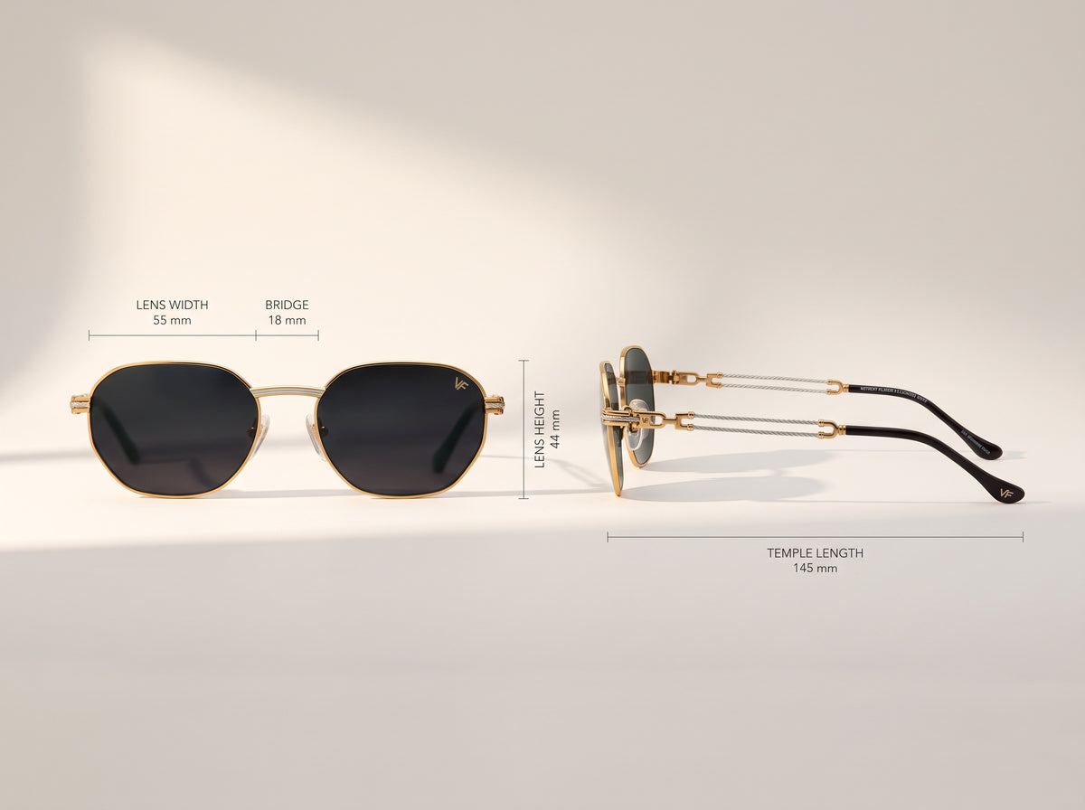 Vintage Frames Detroit Player XL Double Rope Edition 18KT Two-Tone Gold – Black – YELLOW / WHITE GOLD / BLACK - Measurements