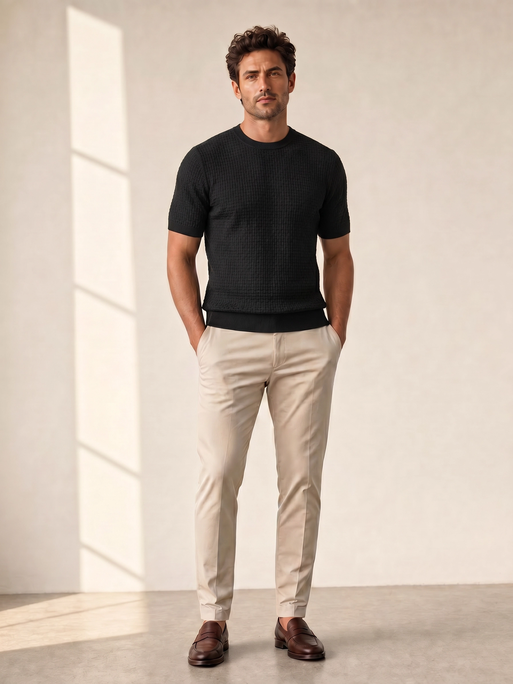 Gran Sasso Cotton Linen Brick T-Shirt – Black - Full Front Model