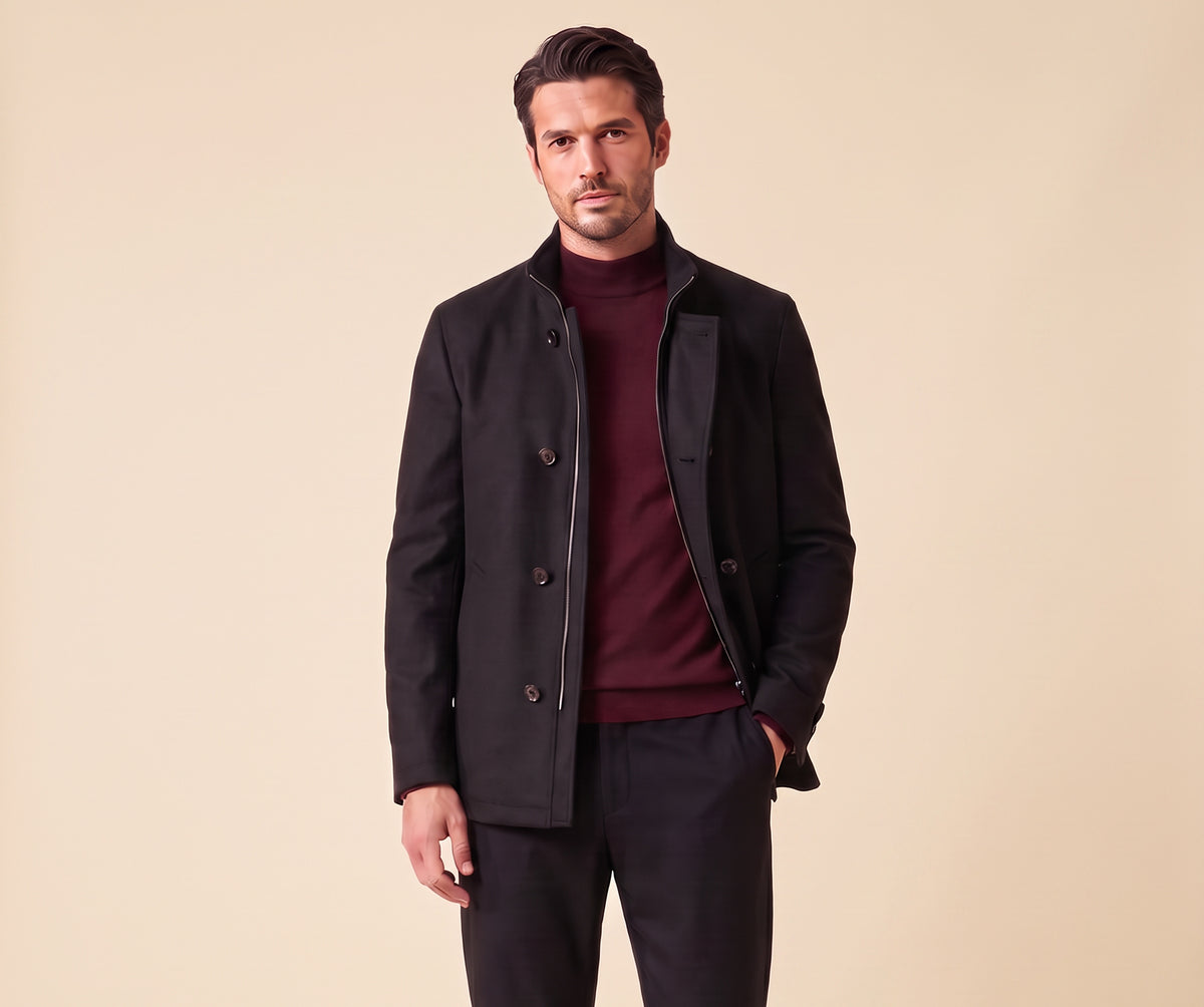 FRADI Kyran Stand-Collar Coat – BLACK - Hero Front