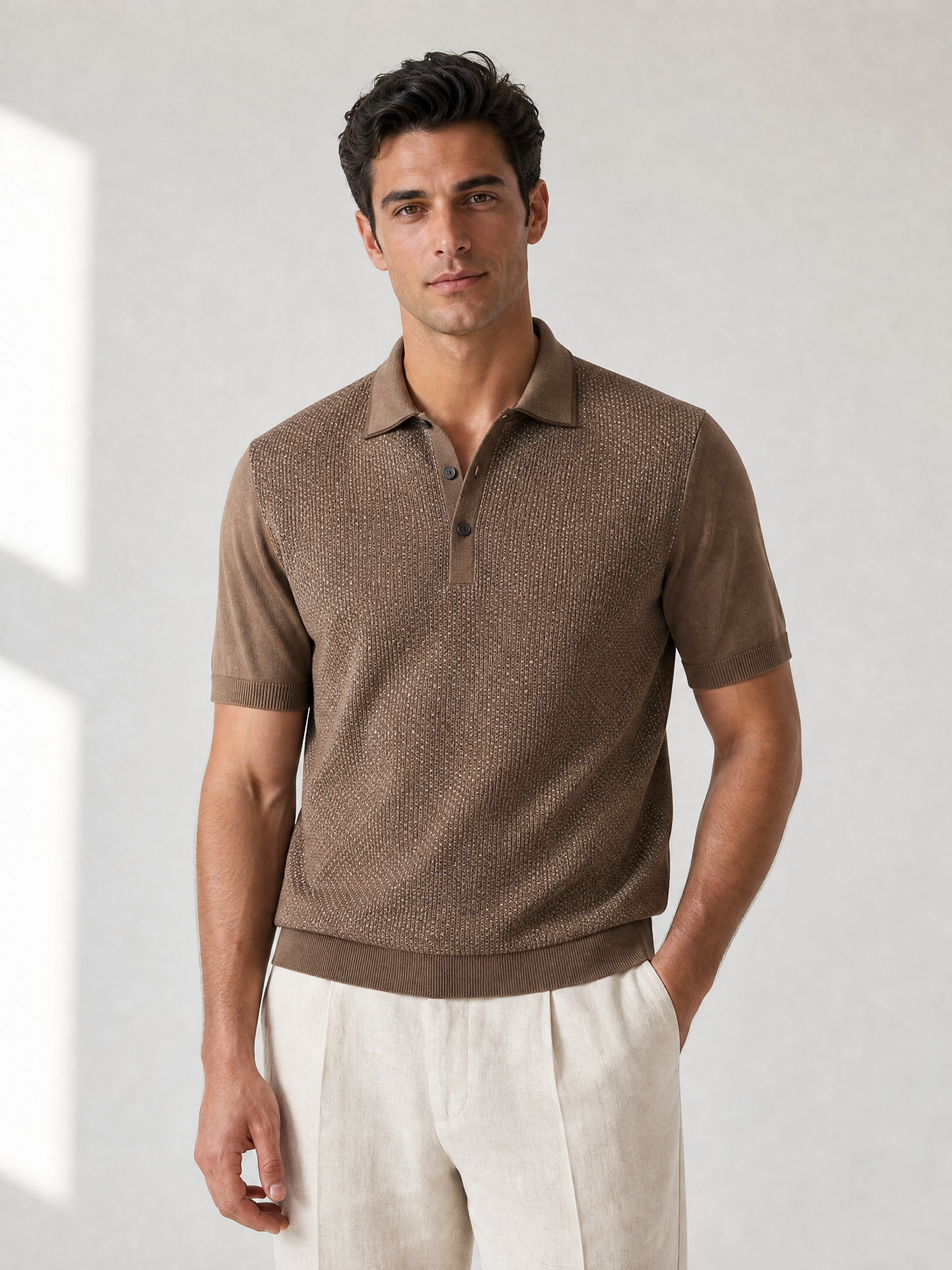 SAND Knit Polo – BROWN - Hero Front